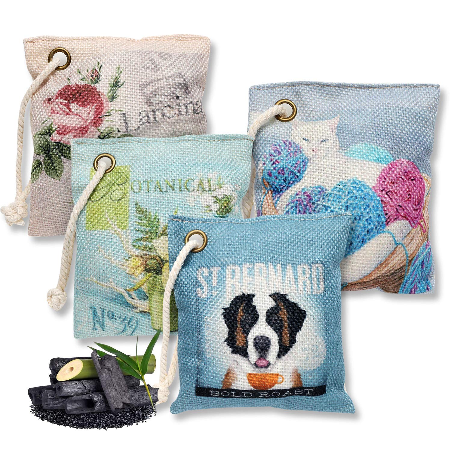 Nature Fresh Charcoal Bags Odor Absorber （4pack*100g）Activated Bamboo Charcoal Air Purifying Bag For Home and Car (Pet Friendly)