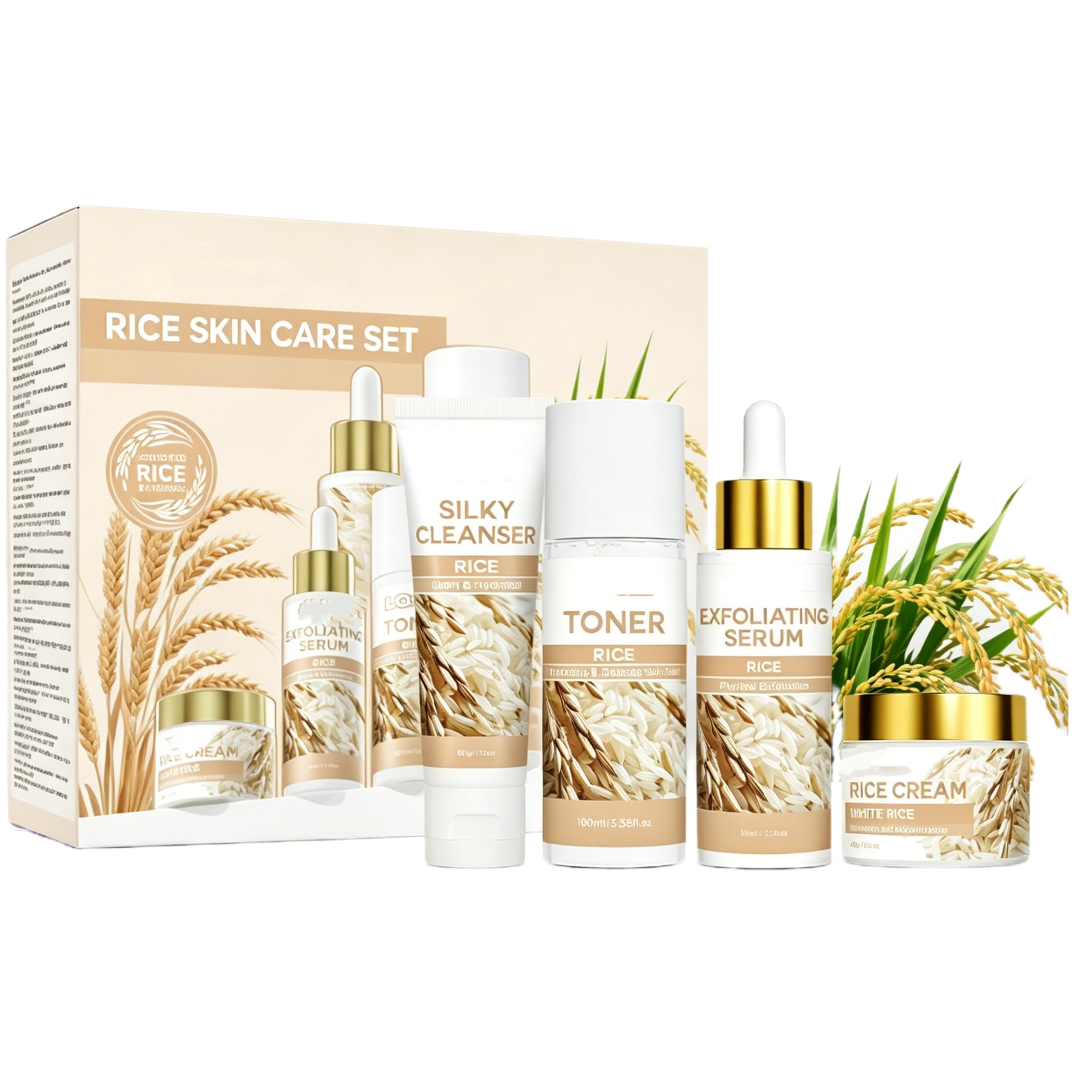 Rice Skin Care Set, Korean Skin Care with Rice Cleanser, Toner, Serum, Eye Serum, Moisturizing Cream Facial Care Kit Hydrating Skin Care Routine Kit, Travel Size Kit, Gift Set for Women