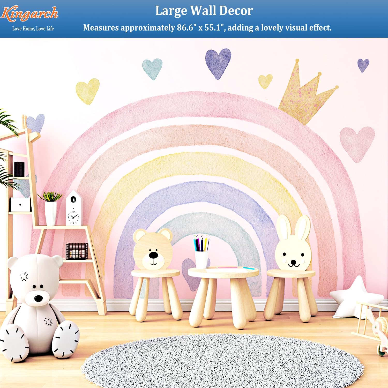 Large Watercolor Rainbow Wall Decals, Boho Queen Peel and Stick Fabric Nursery Wall Decor, Removable Home Room Wall Decor Murals Stickers for Kids Girls Toddler Bedroom Living Room Playroom