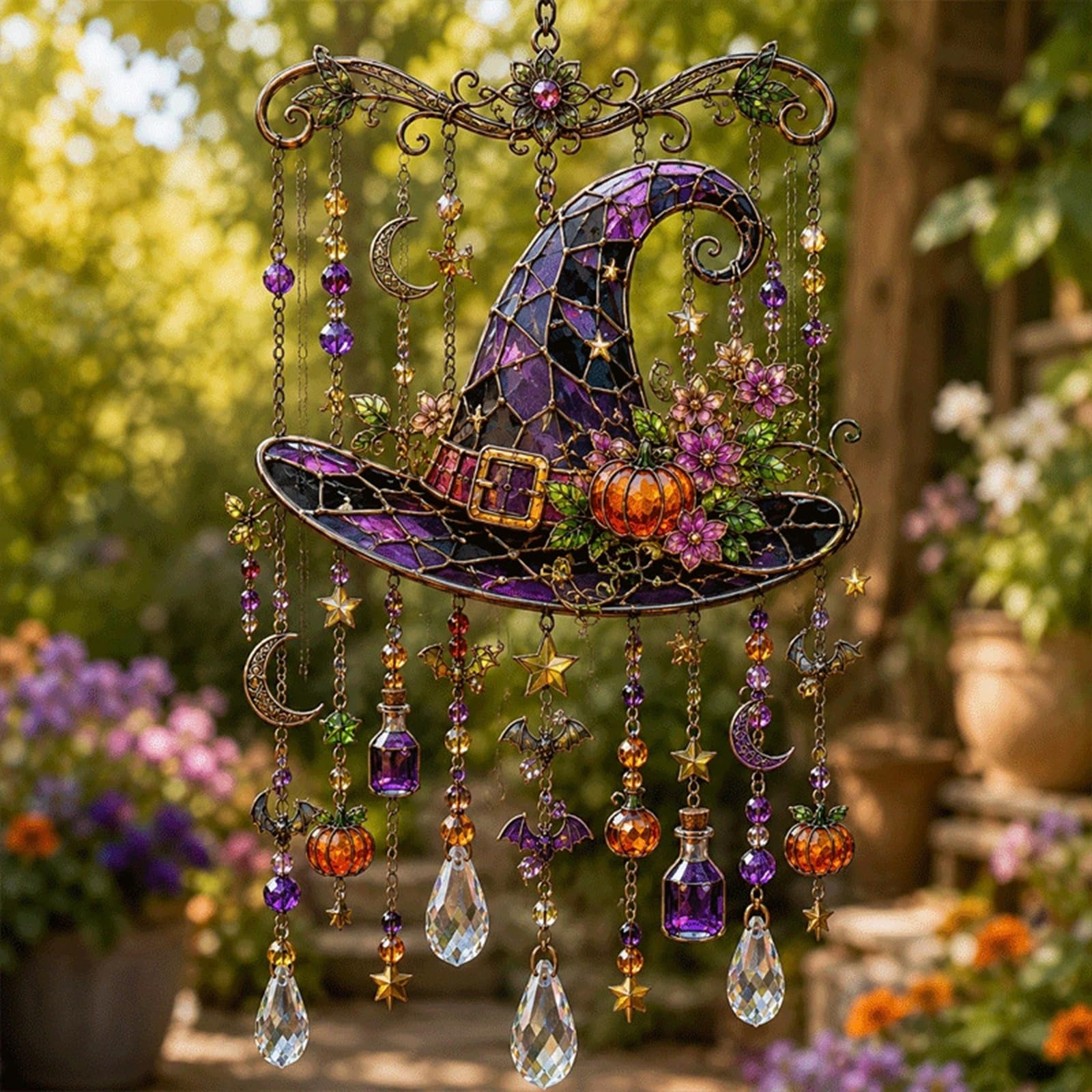 Halloween-Themed Crystal Wind Chime, Halloween Glass Suncatcher Wind Chime