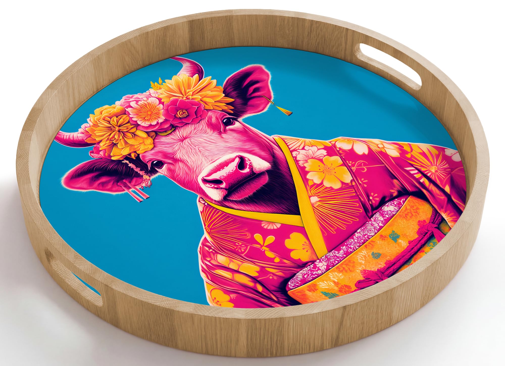 Bandejas De Madera Redonda 50x50 cm Bandeja para Servir Roble Decorativa Resistente A Los Arañazos Tabuleiro Diseño Desayuno Vaca - Corona Flores - Pendientes - Kimono
