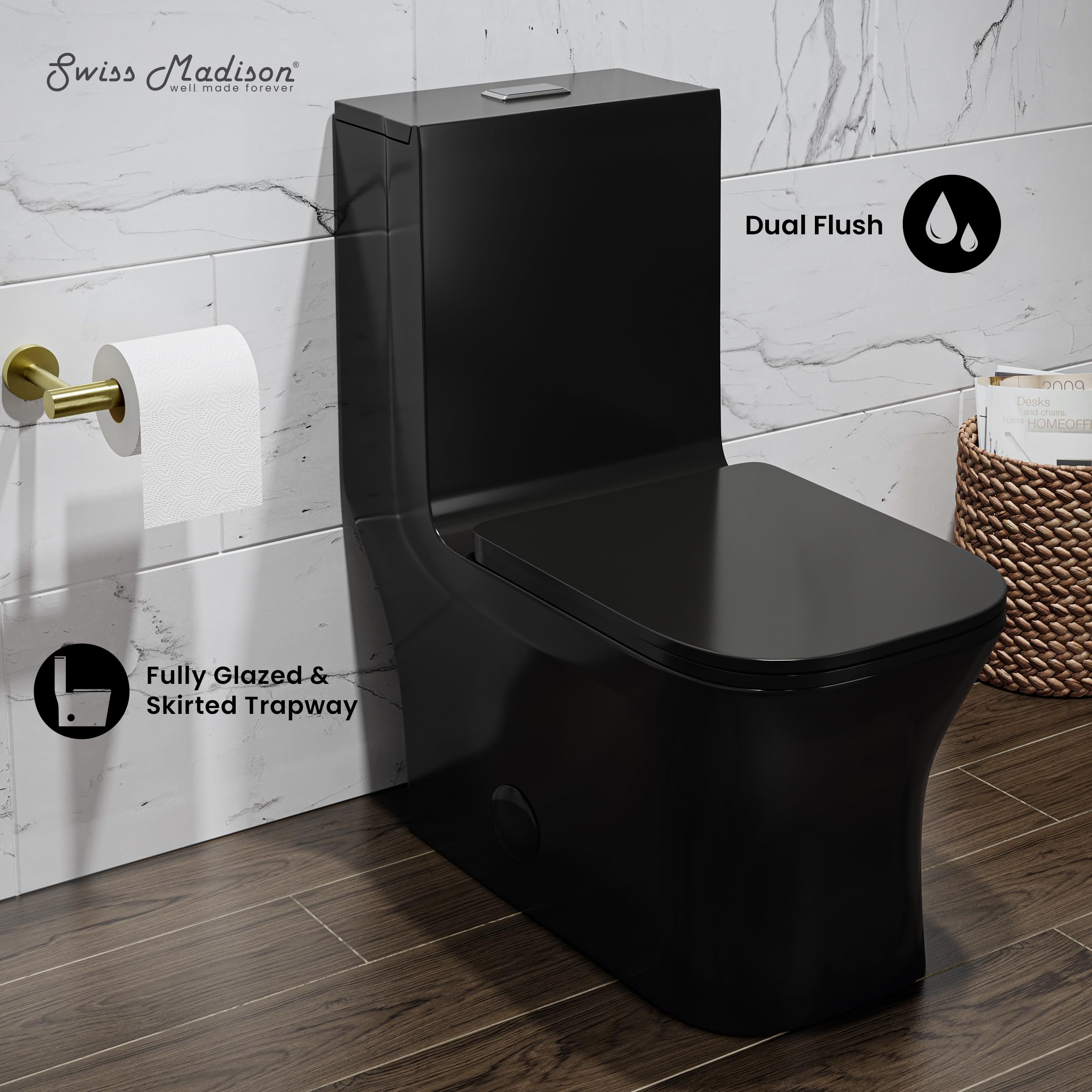 こ*こ様 COMME des GARONS ODEU71EAUDE TOILET Concorde One Piece Square Toilet Dual Flush in Glossy Black 1.1