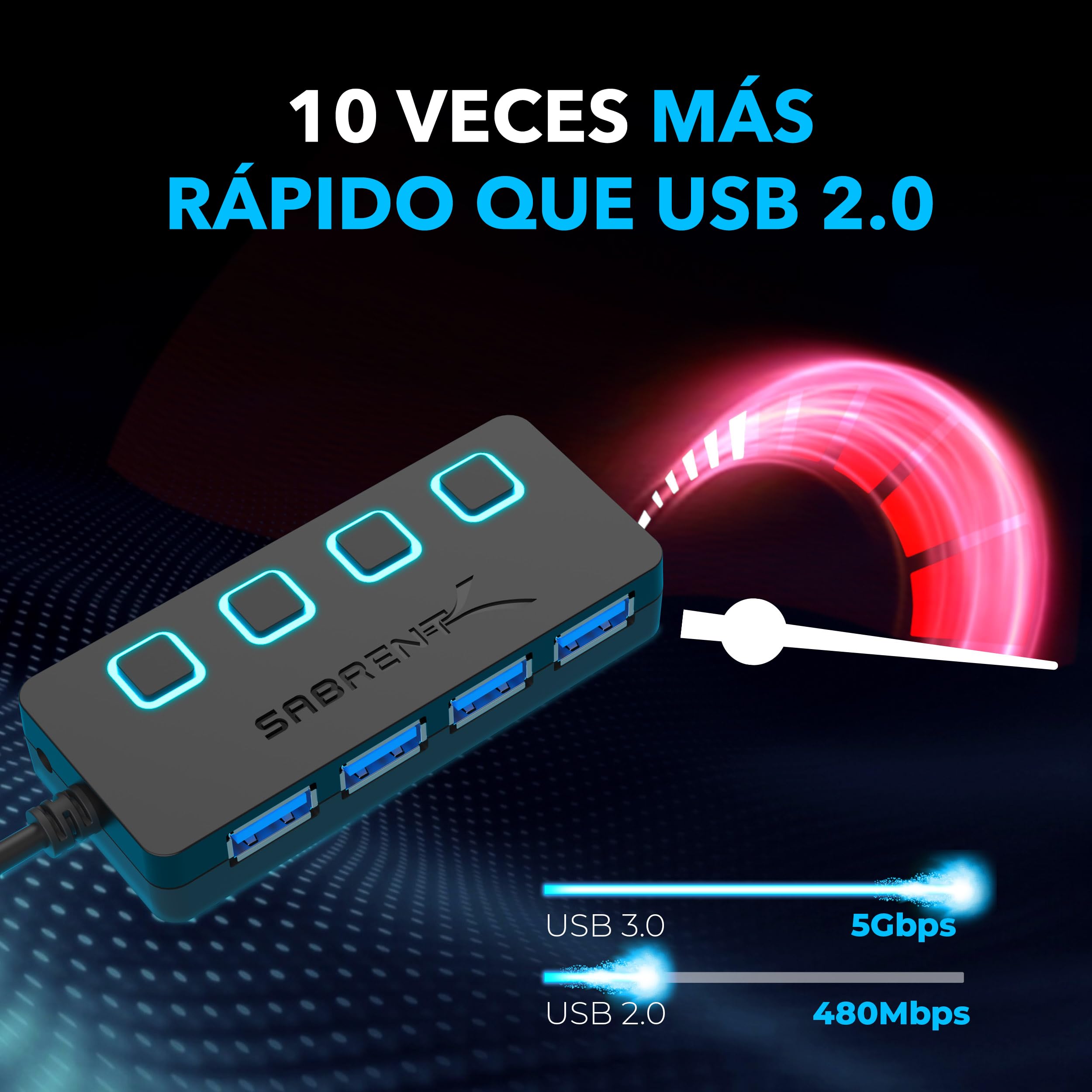 SABRENT Hub de 4 Puertos con interruptores de alimentación Individuales y Leds | USB 3.0 | Incluye Adaptador de Corriente de 5V/2.5A | para PS5, Xbox, PC, Ordenador portátil, Gaming [HB-UMP3]