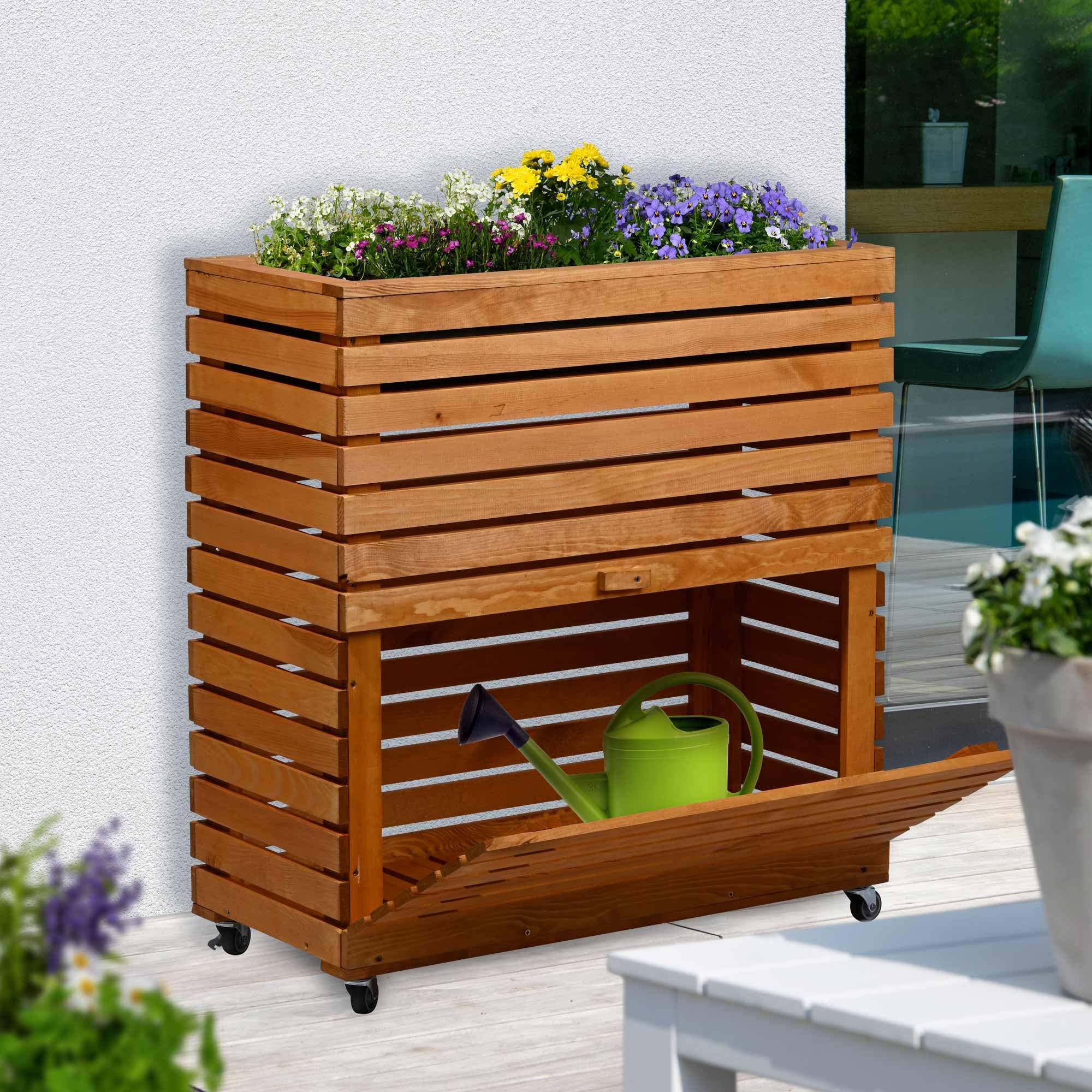 dobar® Grote verhoogde bloembak van massief hout maat XL met wielen - verhoogd bed met opbergvak - 72 x 32,5 x 78 cm - bruin
