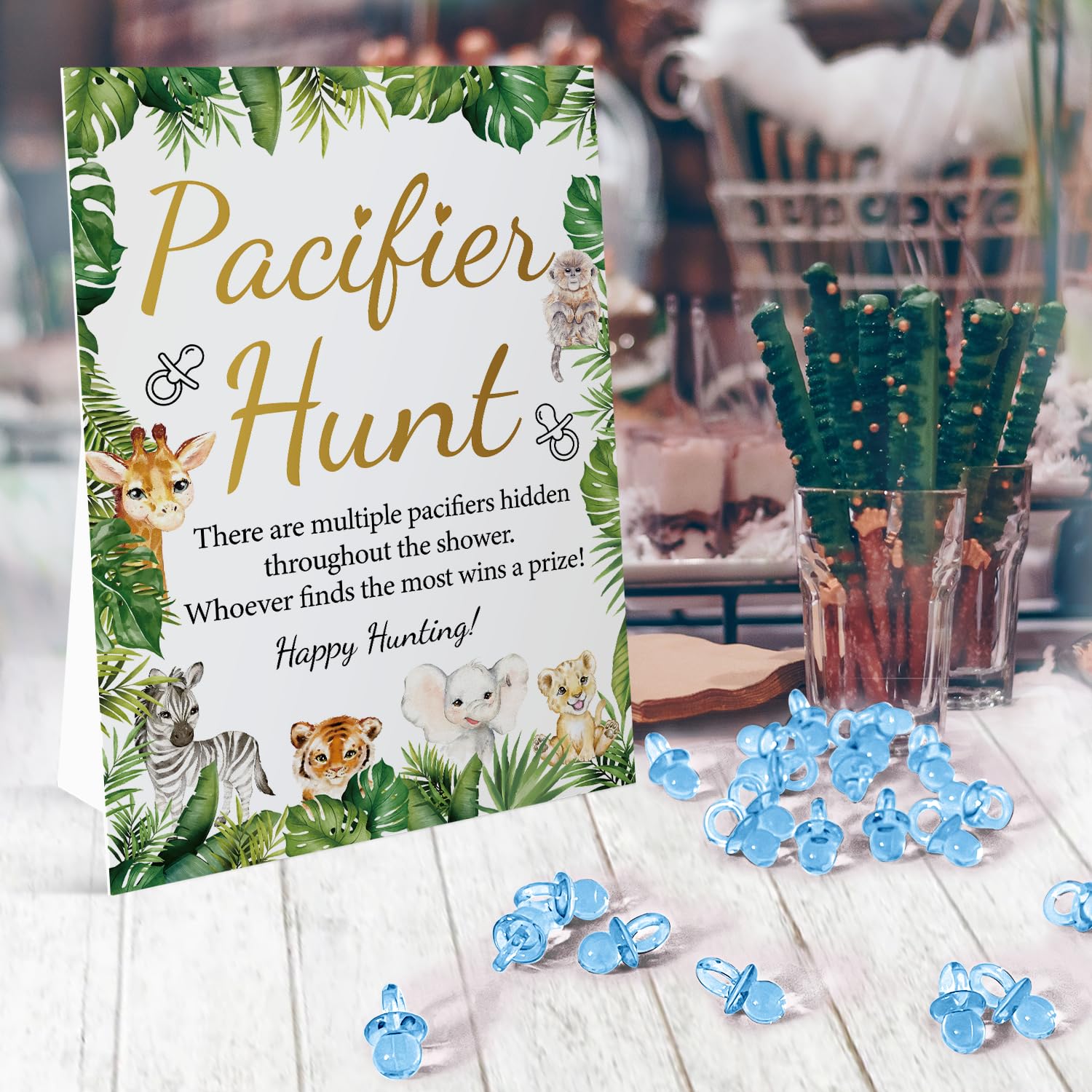 Baby Pacifier Hunt Baby Shower Games Sign (8×11 inch), Safari Jungle Zoo Forest Animals Theme Baby Gift Sets, 50 Acrylic Baby Pacifiers Mini Plastic Pacifiers for Baby Gender Reveal Gender