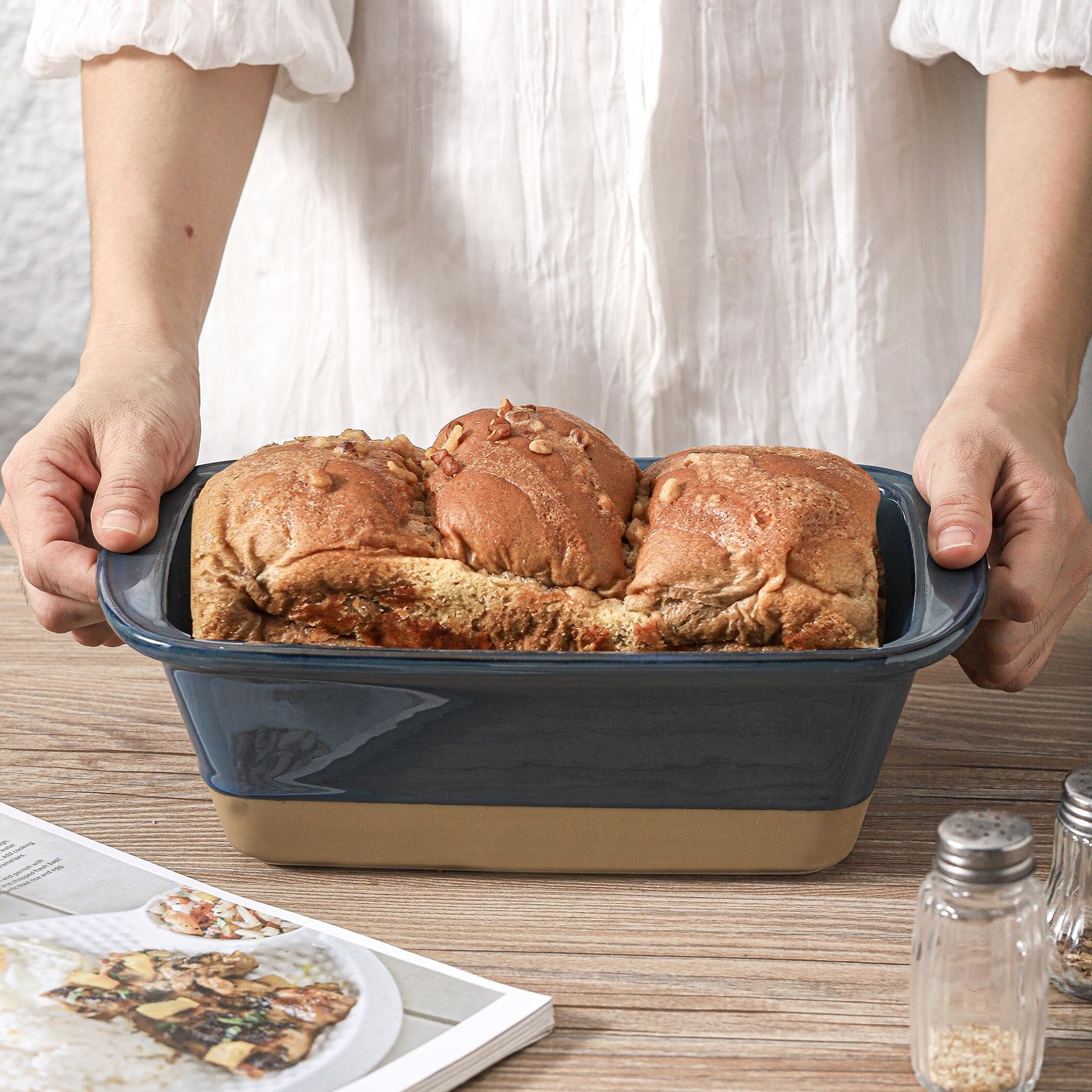 HVH Kastenform aus Keramik, zum Backen von Brot, 22,9 x 12,7 cm, rechteckige Brotform, Brotbackform zum Kochen, Bauernhaus-Stil (blau)