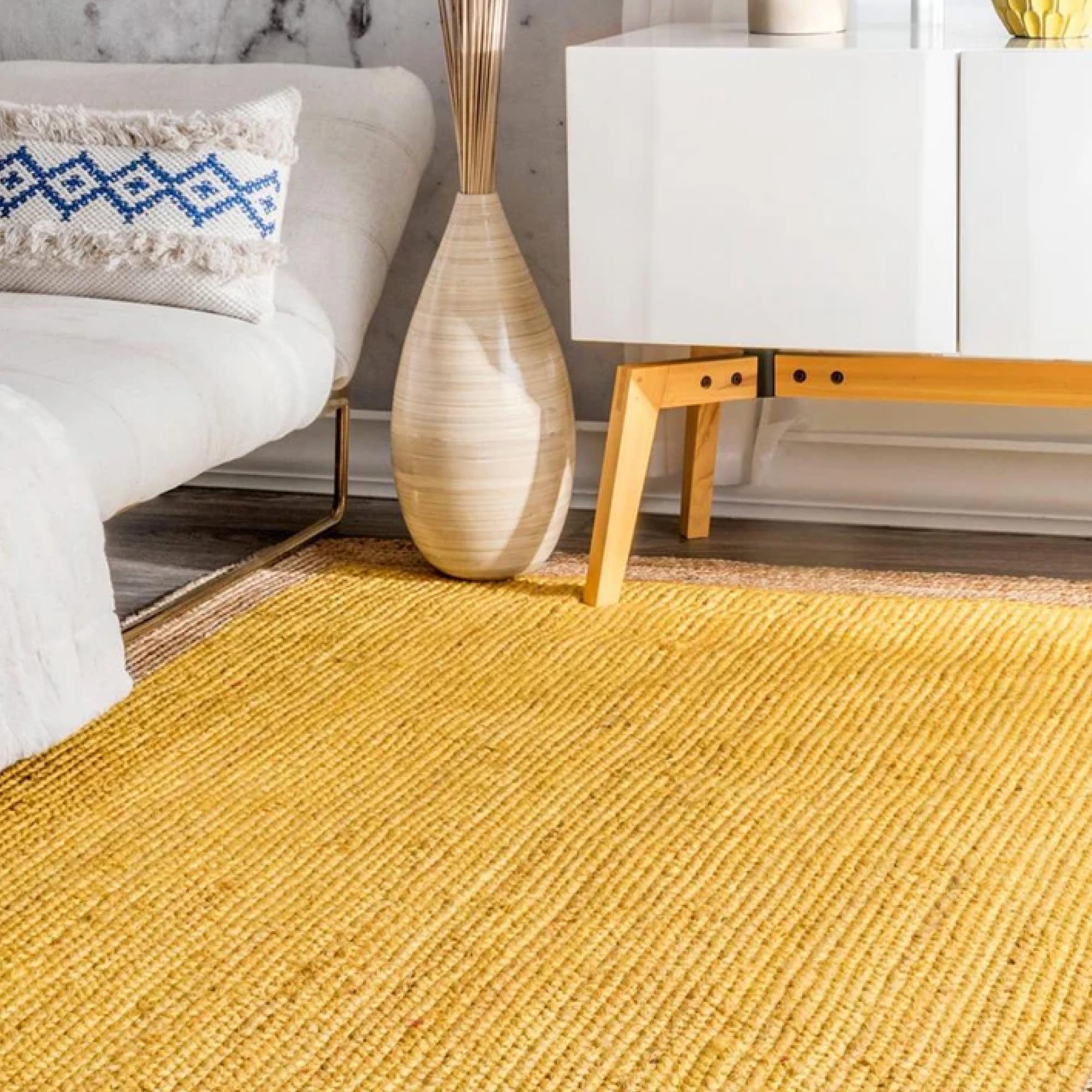 Habere India-All the Cultures Fabricating India All Jute Carpet For Living Room, Jute Floor Mat, Rugs For Living Room, Jute Centre Table Carpet (Pure Jute + Yellow Color, 3X5 Ft), Large Rectangle