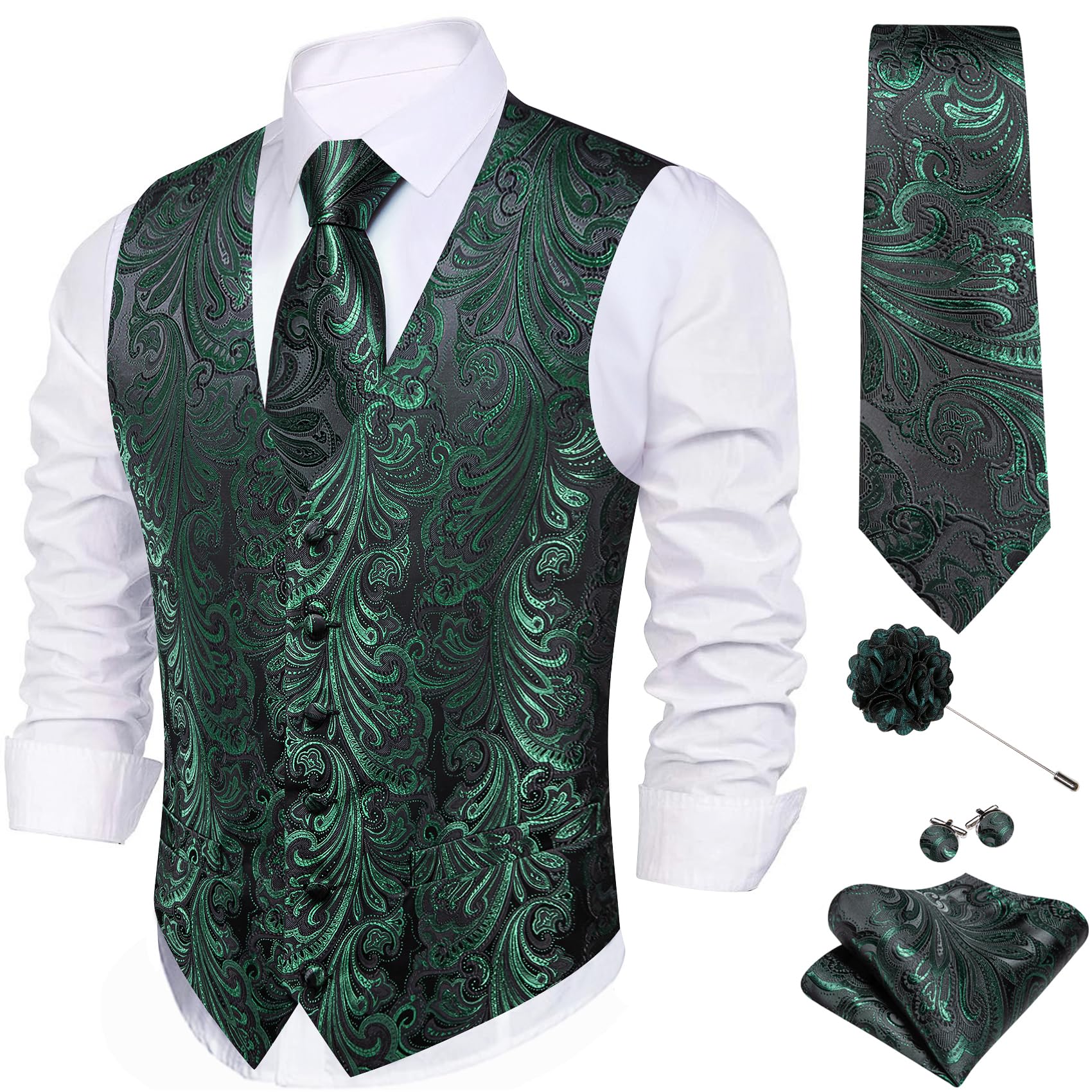 Barry.Wang Men's Suit Vest Formal/Casual Paisley Silk Tie Vests 5PCS
