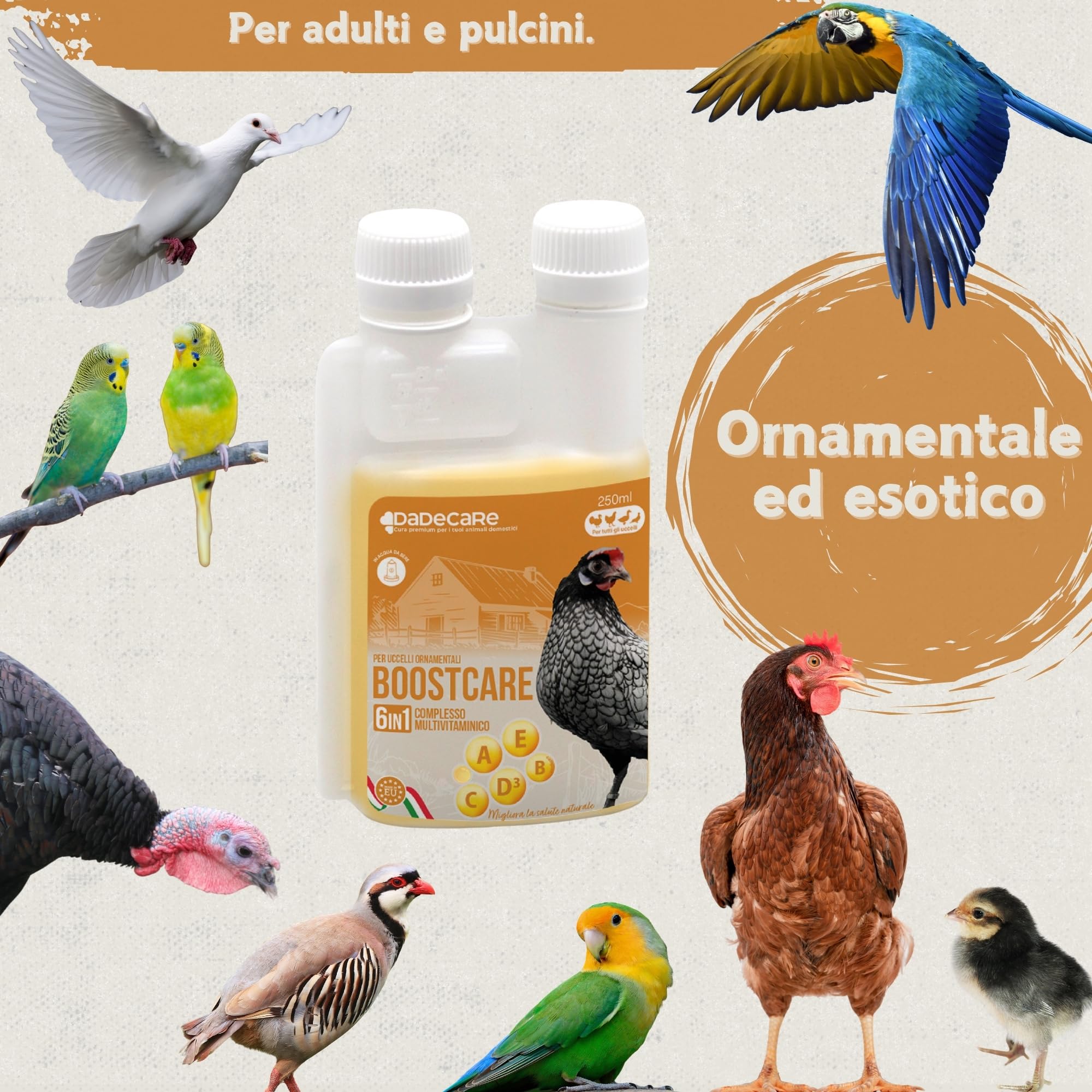 Multivitaminico 6 in 1 250ml Uccelli | Vitamine A-E-D-C-B| Mangime complementare per abbeveratoio galline, polli, piccioni, pappagalli e parrocchetti con dosatore - Boostcare