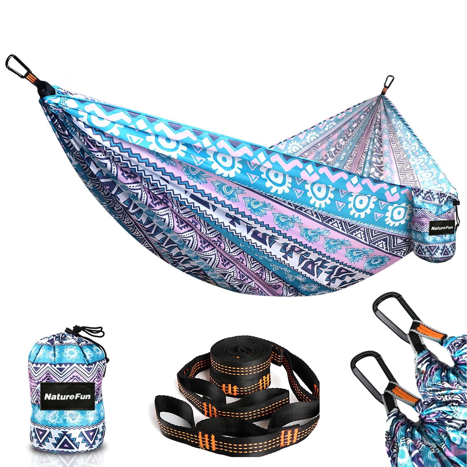 NATUREFUN Ultraleichte Reise Camping Hängematte | 300kg Tragkraft Fallschirm Nylon Atmungsaktiv, Schnelltrocknendes| 2 x Karabiner,2 x Schlingen| Drinnen Draußen Garten