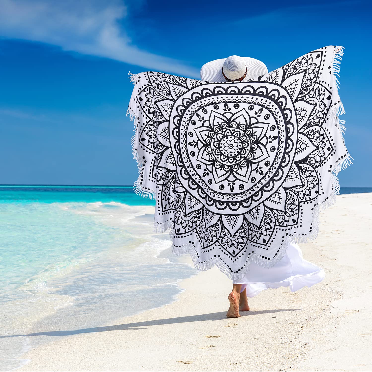 Large Microfiber Boho Mandala Beach Towel Round Bohemian Beach Blanket Hippie Indian Throw Blanket Beach Tapestry Sand Free Quick Dry Picnic Meditation Mat Wall Decor Circle Tablecloth,59'',Black