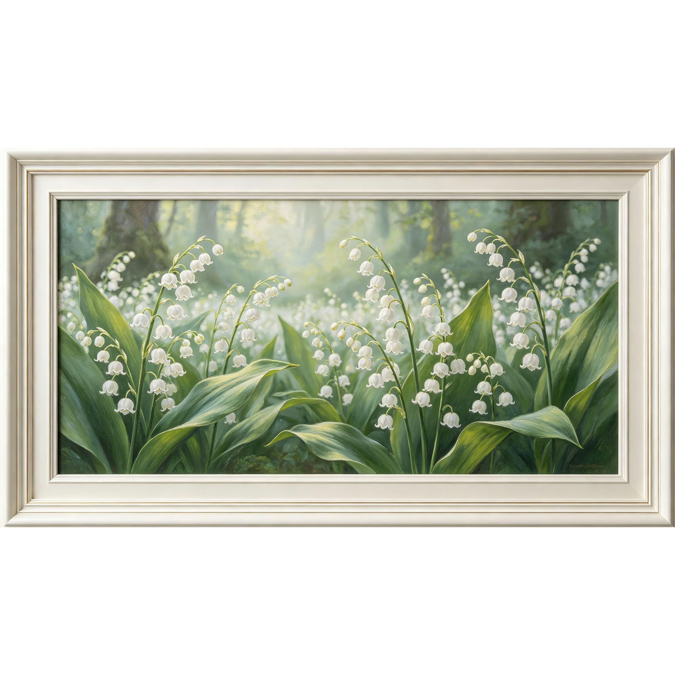 QZLITHOTIC 50x90cm3D Framed Wall Art， Botanical Lily of the Valley Forest Landscape Self‑Adhesive Mural， Water‑Activated Peel & Stick Fabric Decor Wall Decal for Bedroom Living Room