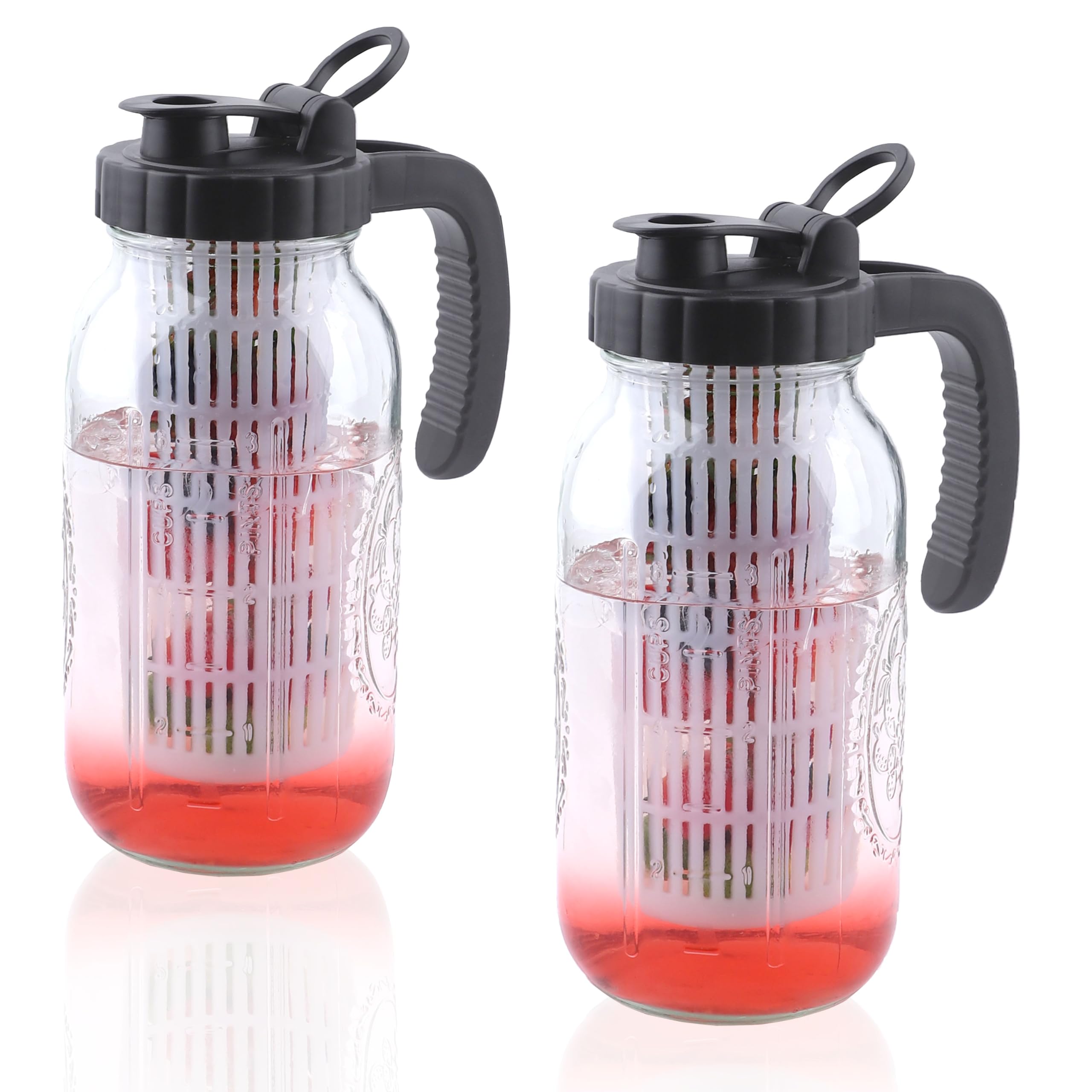 Jarra de agua de vidrio de 64 onzas con infusor, juego de 2 jarras de agua de medio galón, jarra de 2 cuartos de galón para té frío caliente, café, limonada, bebidas caseras, recipiente de jugo de