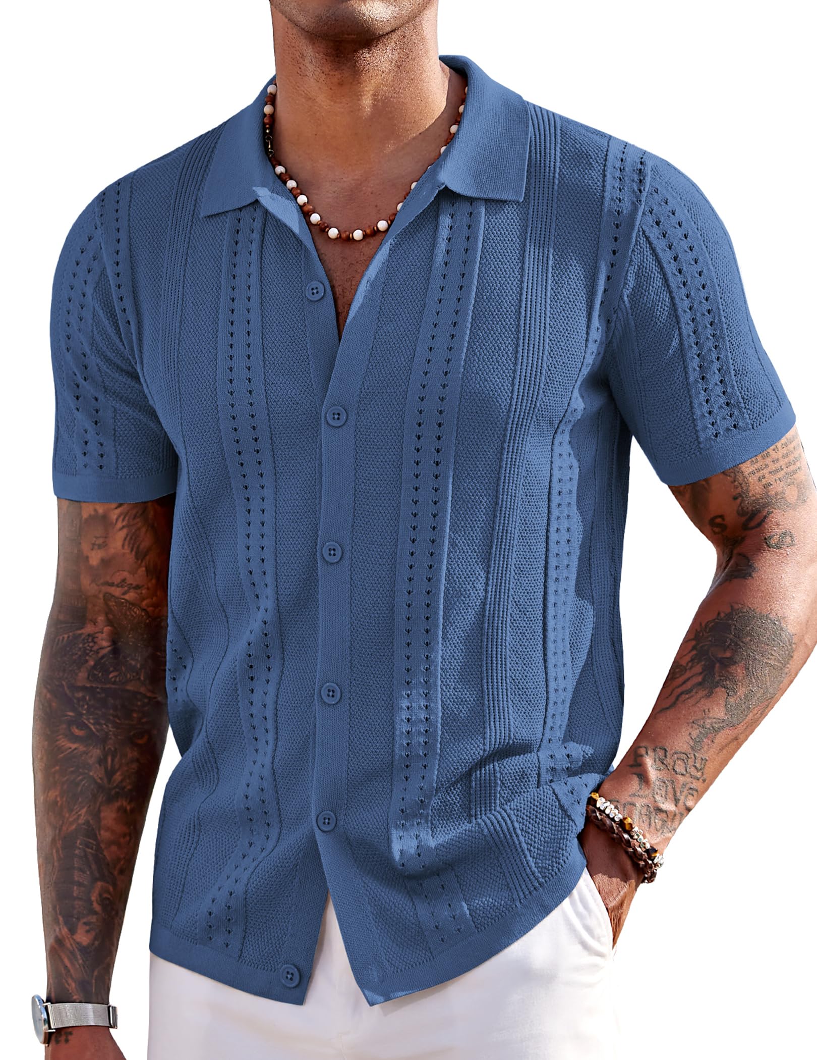 COOFANDY Men's Knit Shirts Short Sleeve Button Down Polo Shirt Fashion Casual Summer Beach Shirts