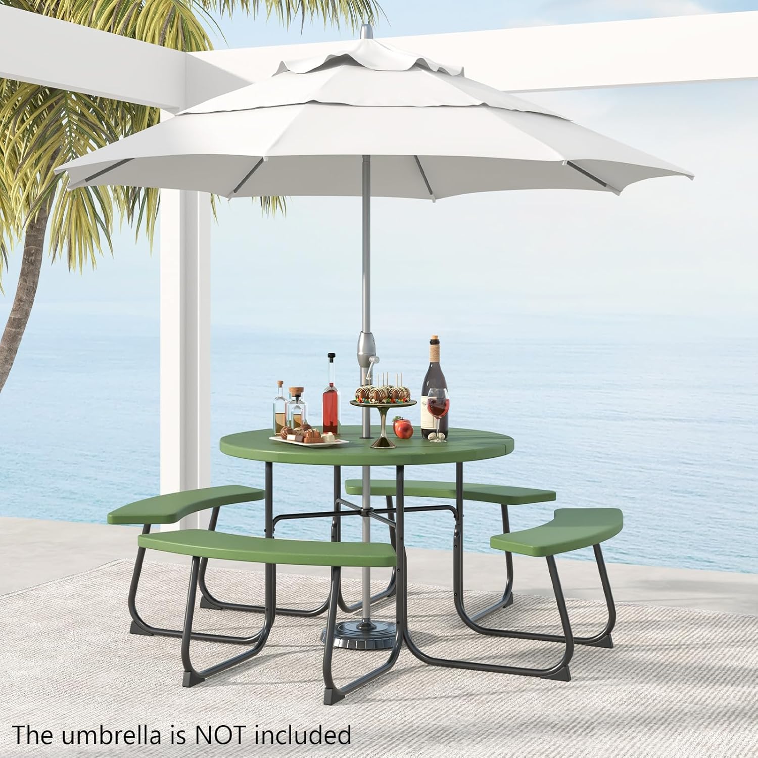 Moccha Picnic Table Bench Set - Outdoor Table and Chairs with Umbrella Hole, HDPE Tabletop & Metal Frame, Dining Table Set, Outdoor Camping Table for Garden Backyard Porch Patio Table Set (Green)
