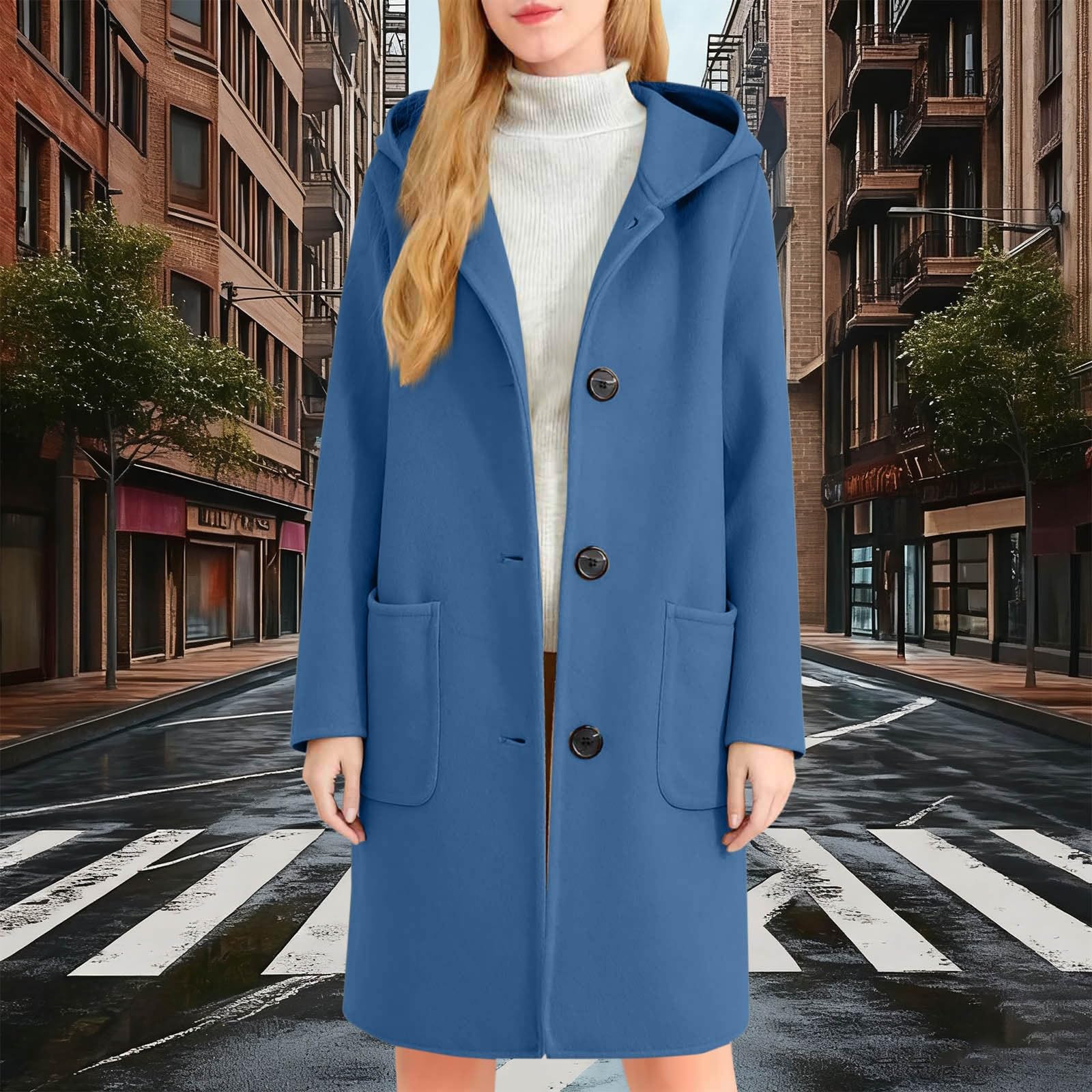 Generisch Wintermantel Damen Lang Warm Elegante Mit Kapuze Taschen Und Knöpfen Winterjacke Mittellang Herbst Übergangsjacke Gefütterte Wollmantel Freizeitjacke Mode Outdoorjacke