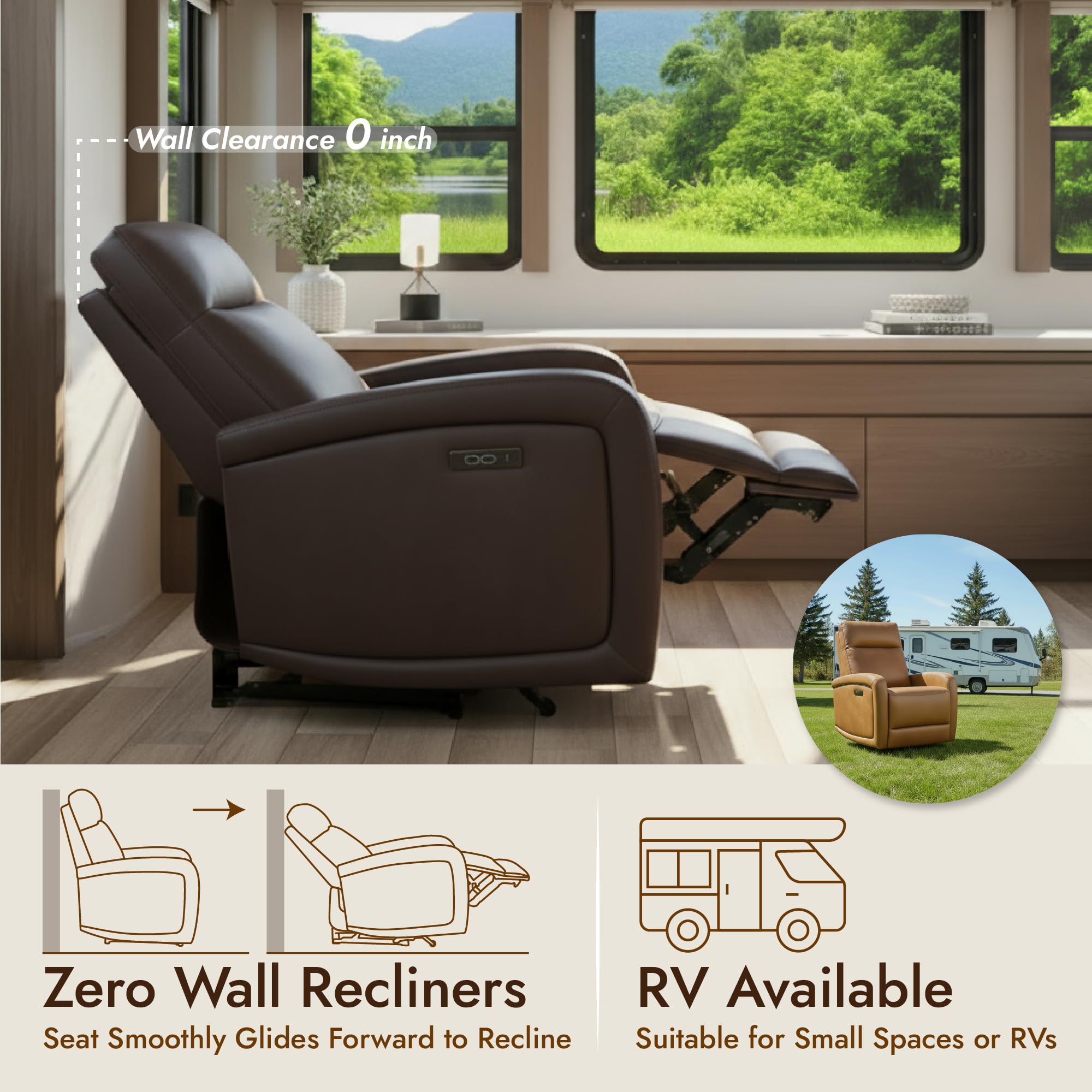 Watson & Whitely Silla reclinable eléctrica, sofá reclinable de pared cero con reposacabezas eléctrico cargador tipo C, pequeño sillón reclinable de piel sintética para caravana, asiento de cine en