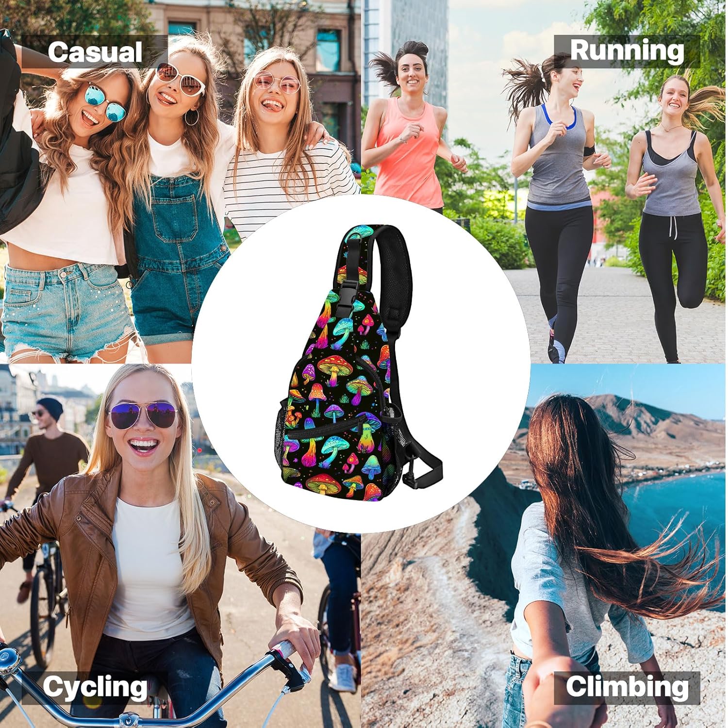 FyLybois Mushroom Sling Bag for Women Crossbody Backpack Lightweight Chest Daypack Fashion Shoulder Bags for Travel Hiking Biking - Image 7