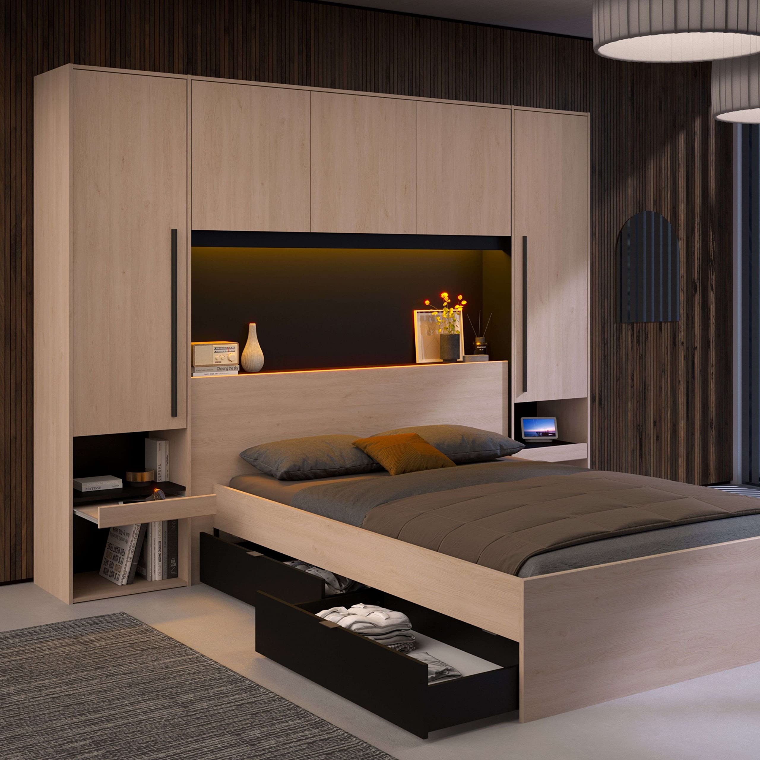 Miroytengo Pack Dormitorio Completo John Cama con cajones y Cabecero Puente Roble Brooklyn y Negro Stipple (Cama de 135-140x190 cm)