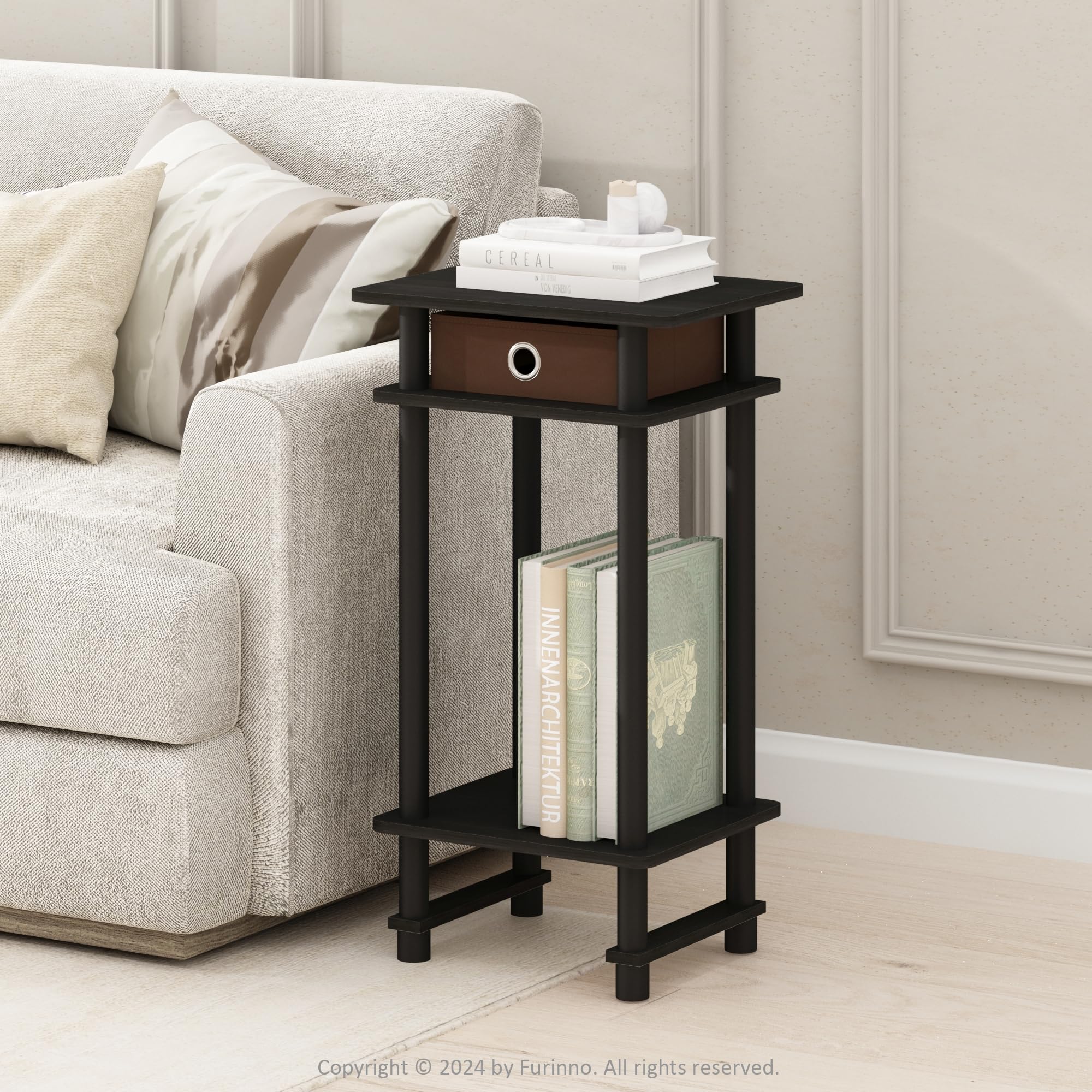 Furinno TURN-N-TUBE Side Table, 3-Tier End Table with Storage Bin, Open Shelf Night Stand, Bedside Table, Toolless Assembly, for Living Room, Bedroom, Black Espresso