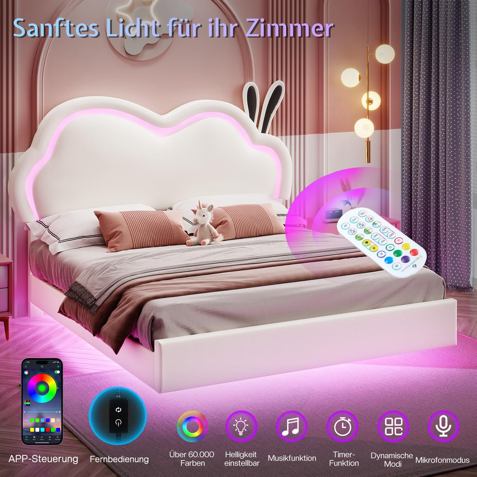 LUXOAK Hasen Kinderbett 140x200cm mit LED-Lichtern, Leder Polsterbett Weiß | Wolken-Kopfteil mit Hasenohren | höhenverstellbar + steuerbare LED | sicheres schwebendes Design | bis 360kg belastbar