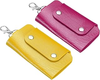 PATIKIL Key Case Cover, 2 Pack PU Leather Keychain Holder Key Sleeve with 6 Keychains for Key Hanging, Rose Red, Yellow