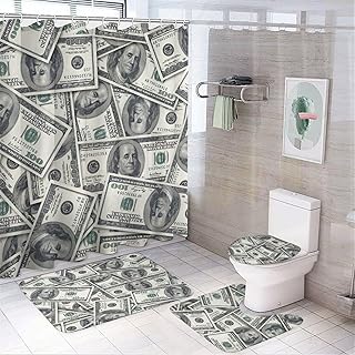 Cash US Dollar Bathroom Accessory Sets of 4 Pcs Shower Curtain with Rugs Toilet Lid Cover and Bath Mat for Bathroom Home Decor