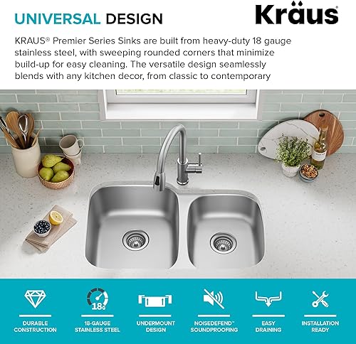 Vista 4 de Kraus, KBU24, fregadero de cocina con doble cavidad 60/40, de acero inoxidable, bajo cubierta de 32 pulgadas, de calibre 16, KBU24