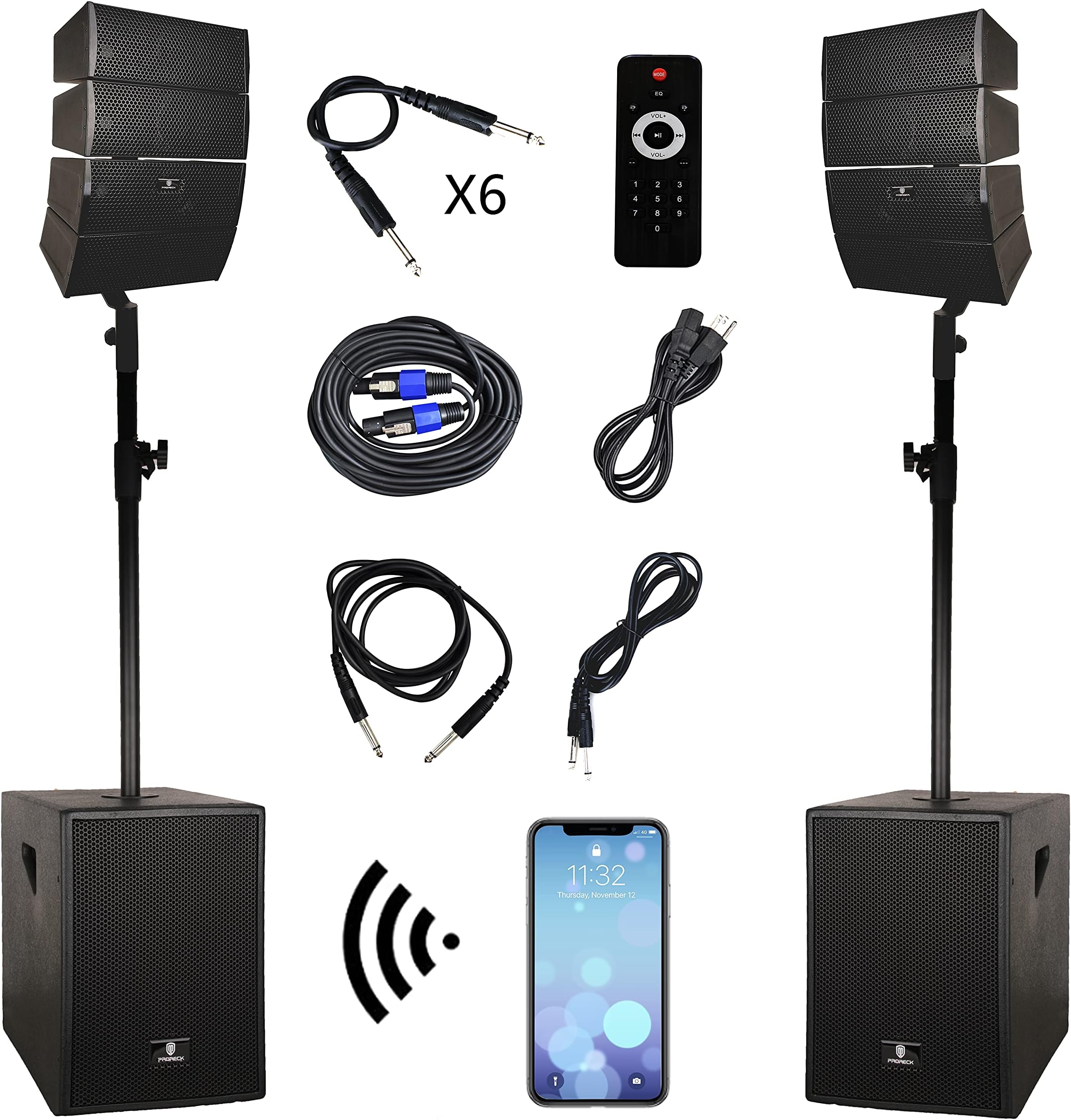 RECK 4000W DJ/Powered PA Speaker System Combo Set with Bluetooth/USB/SD Card/Remote Control with Two 12 Inch Subwoofers and 8 Line Array Speakers or Performances, speeches, Live