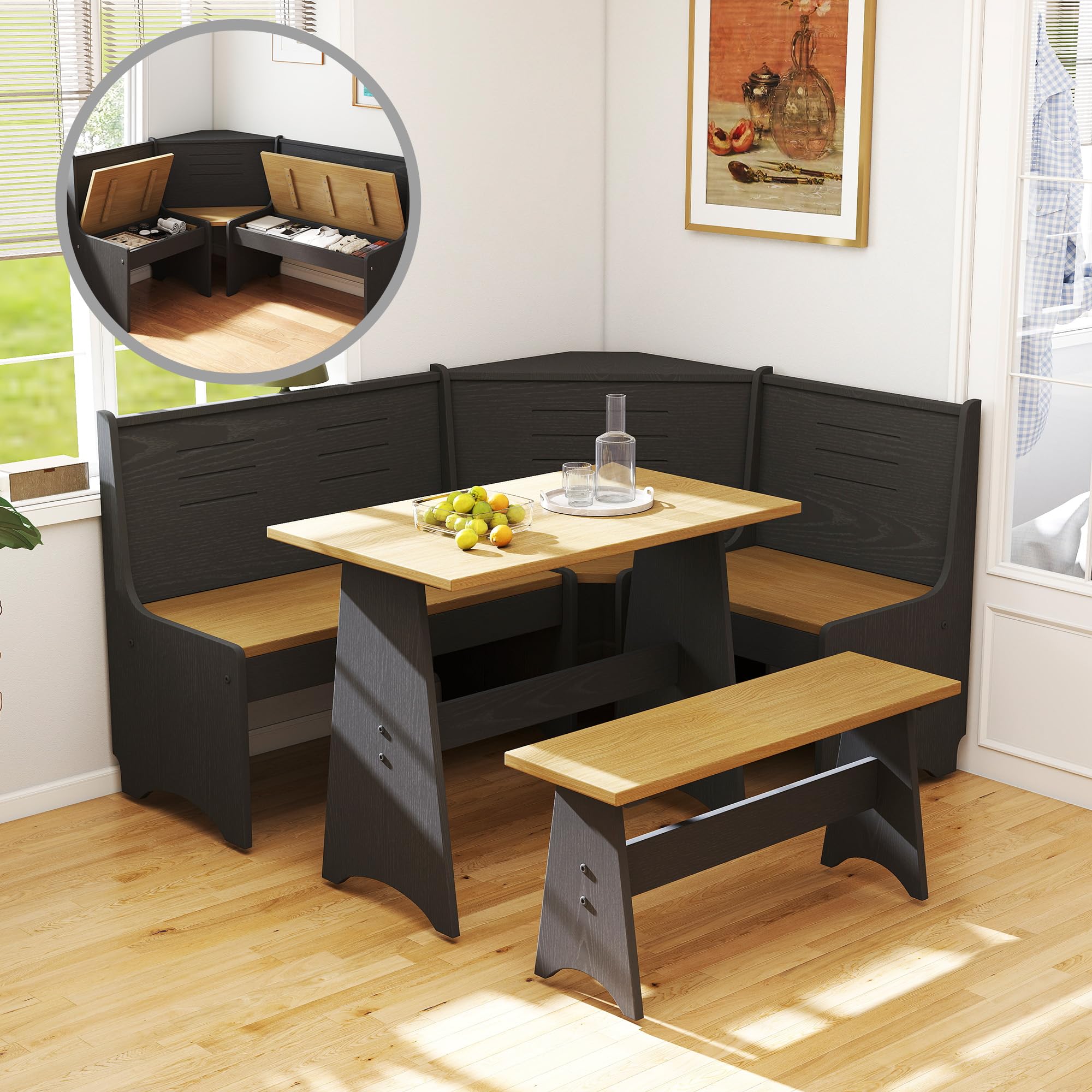Breakfast Nook Set 3-4 Seat L-Shaped with Hidden Storage - Space Saving Corner Kitchen Dining Table & Bench Set - Farmhouse Family Home Wood Black