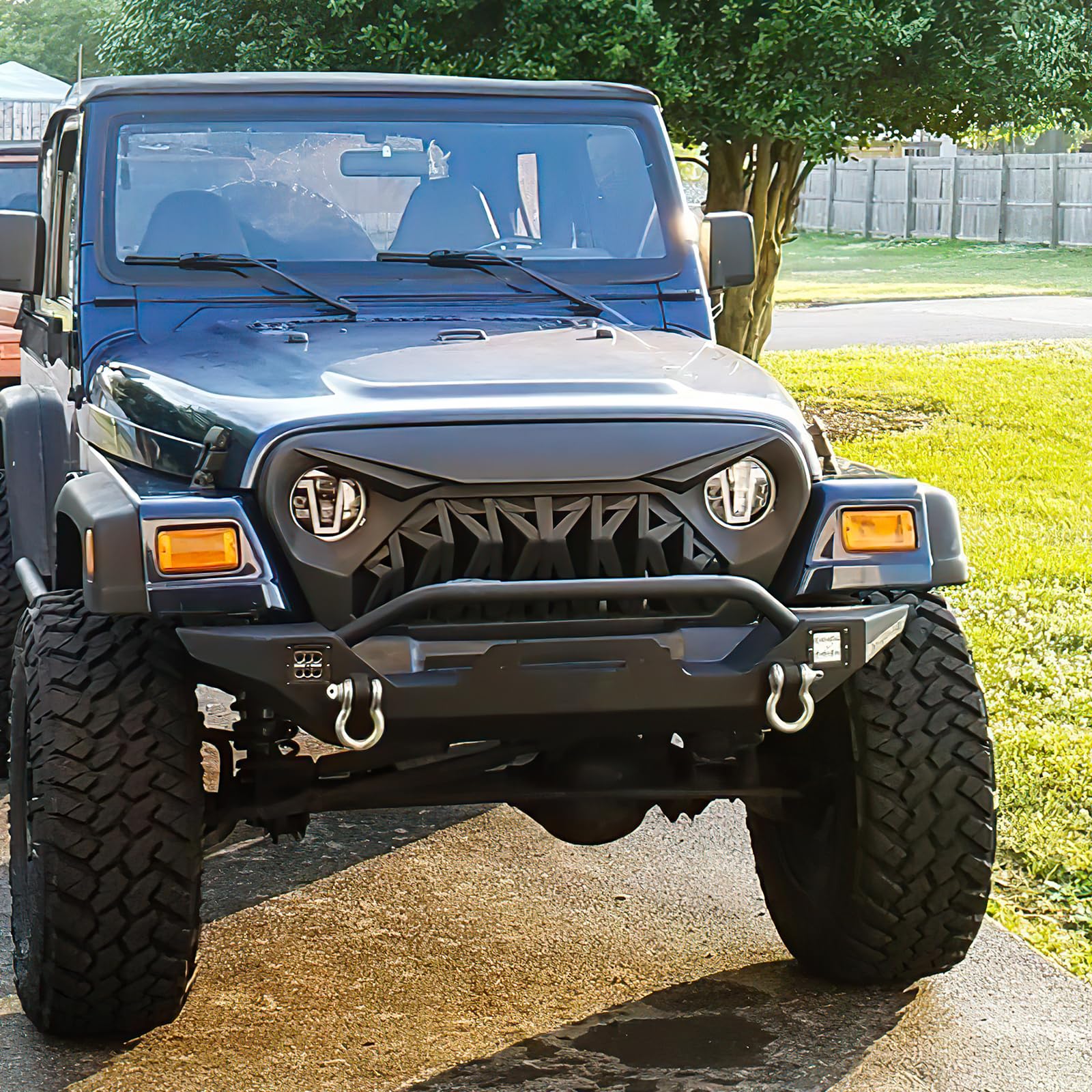 Front Shark Grille Replacement Compatible with 1997-2006 Jeep Wrangler TJ | Matte Black Finish ABS Material Bolt-On Installation Replaces OEM Factory Grille product thumbnail 7