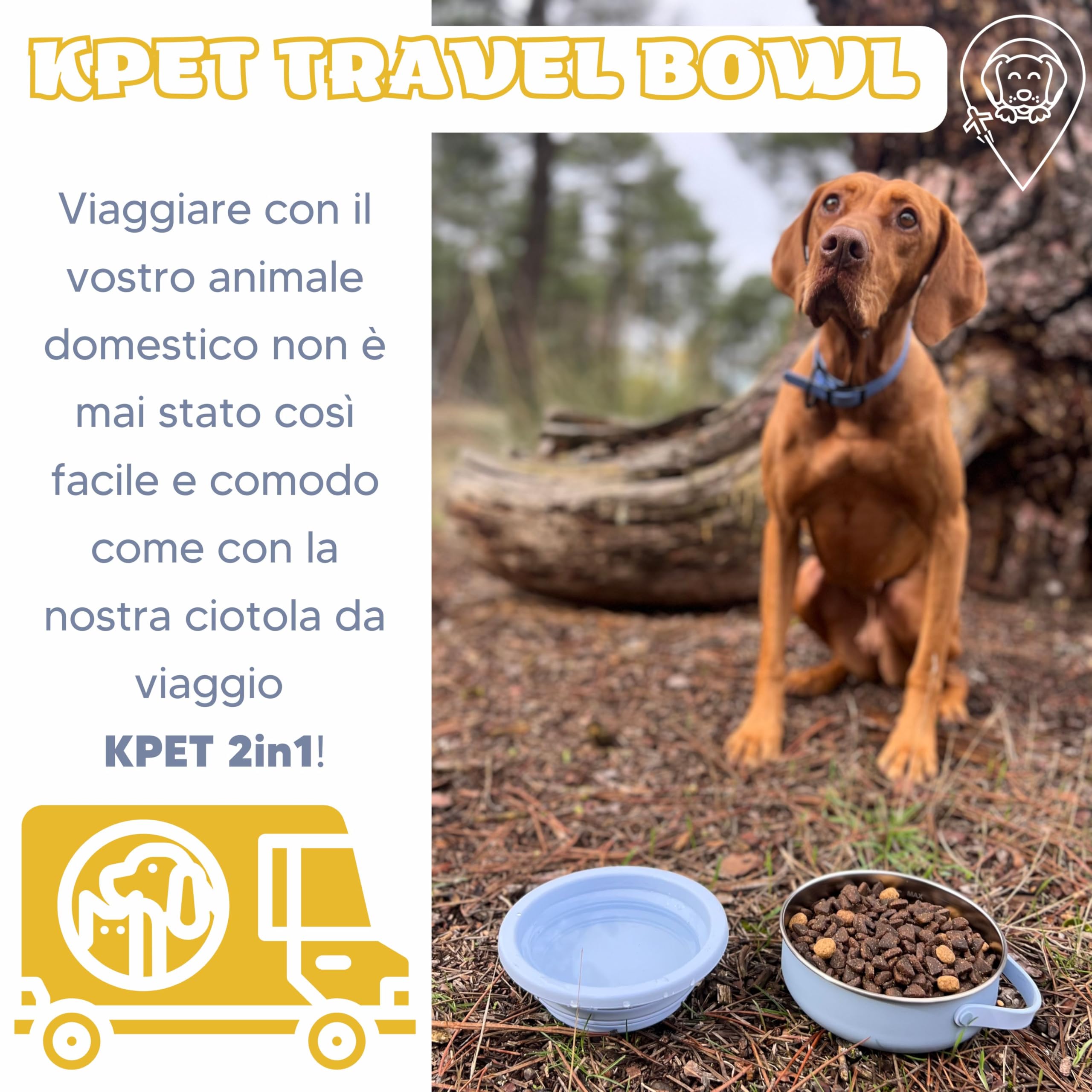 KPET Mangiatoia e abbeveratoio per cane e gatto pieghevole, 2 in 1 - Ciotola portatile in acciaio inox e ciotola pieghevole in silicone, ideale per auto, viaggi, escursionismo, con base antiscivolo e