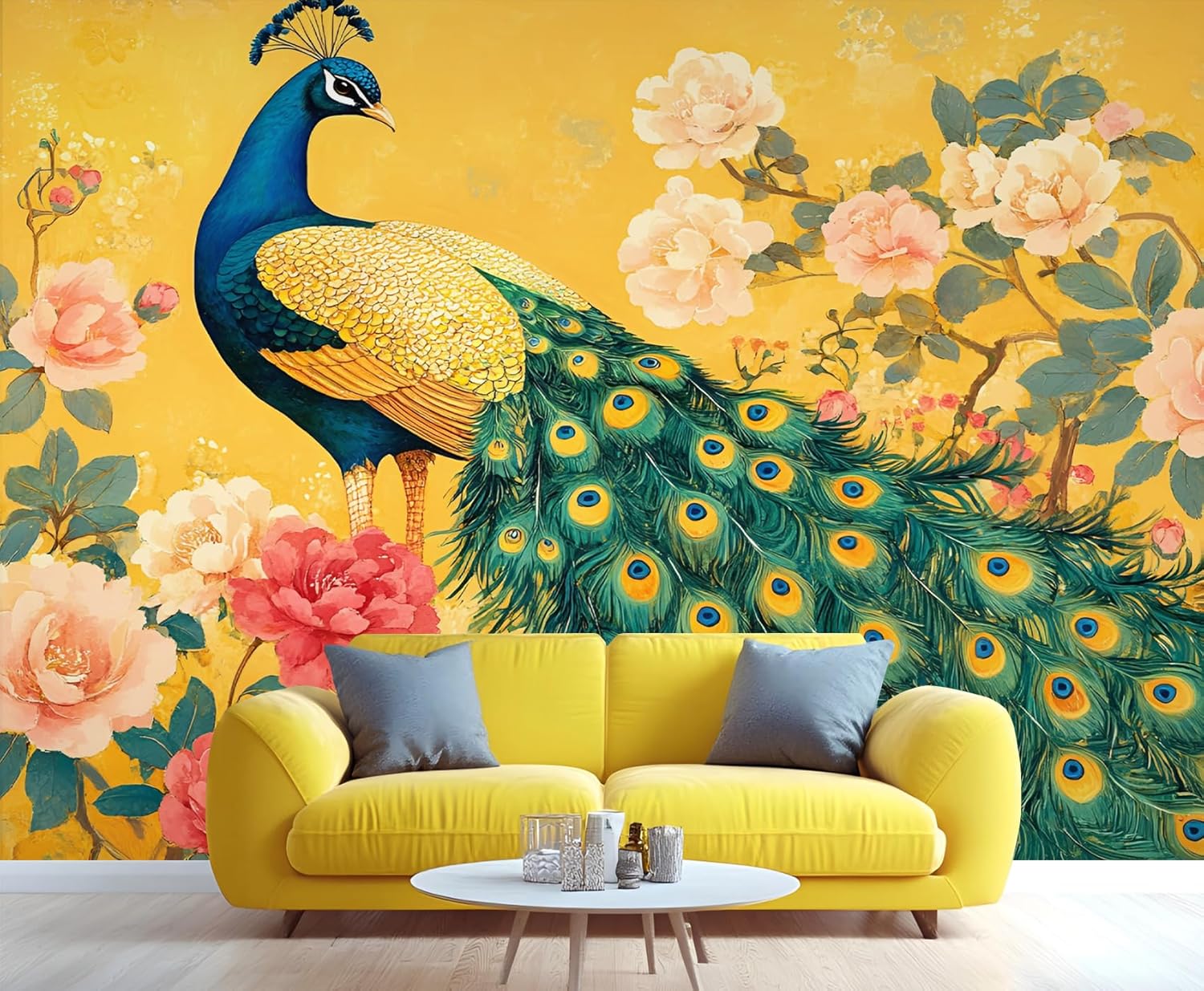 Peacock Mural Wallpaper, Bright Pink Peony Flowers 3D Mural, Vintage Style Wallpaper Mural Wall Decor for Bedroom Living Room Tv Background Room Decor 79" W x 55" H
