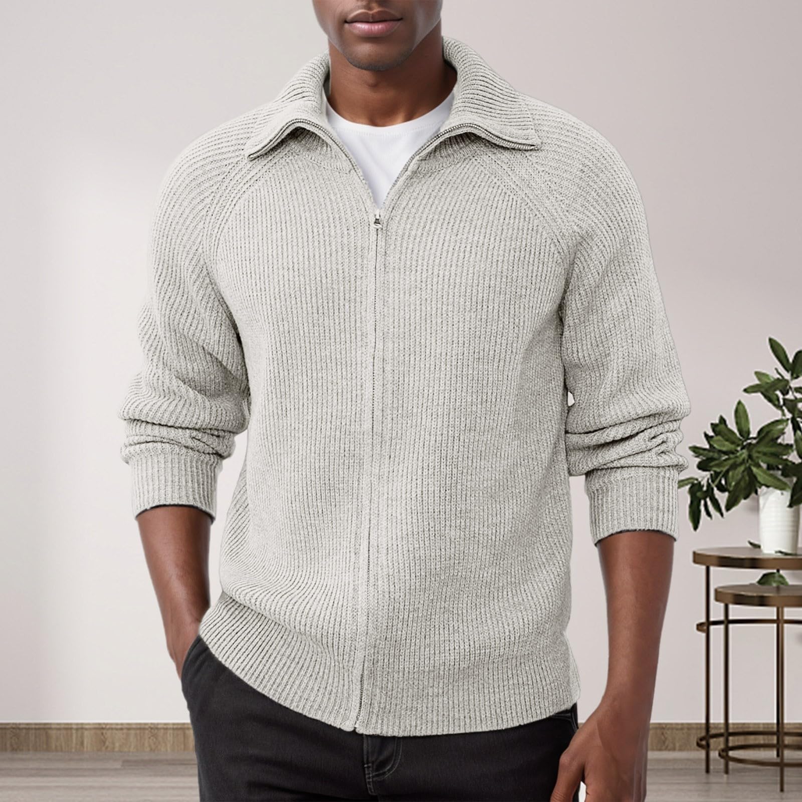 Jersey Hombre Invierno SuéTer Manga Larga Suéter Cardigan de Hombre con Cremallera Completa, Mangas Raglán y Cuello Reverso, Estilo Casual