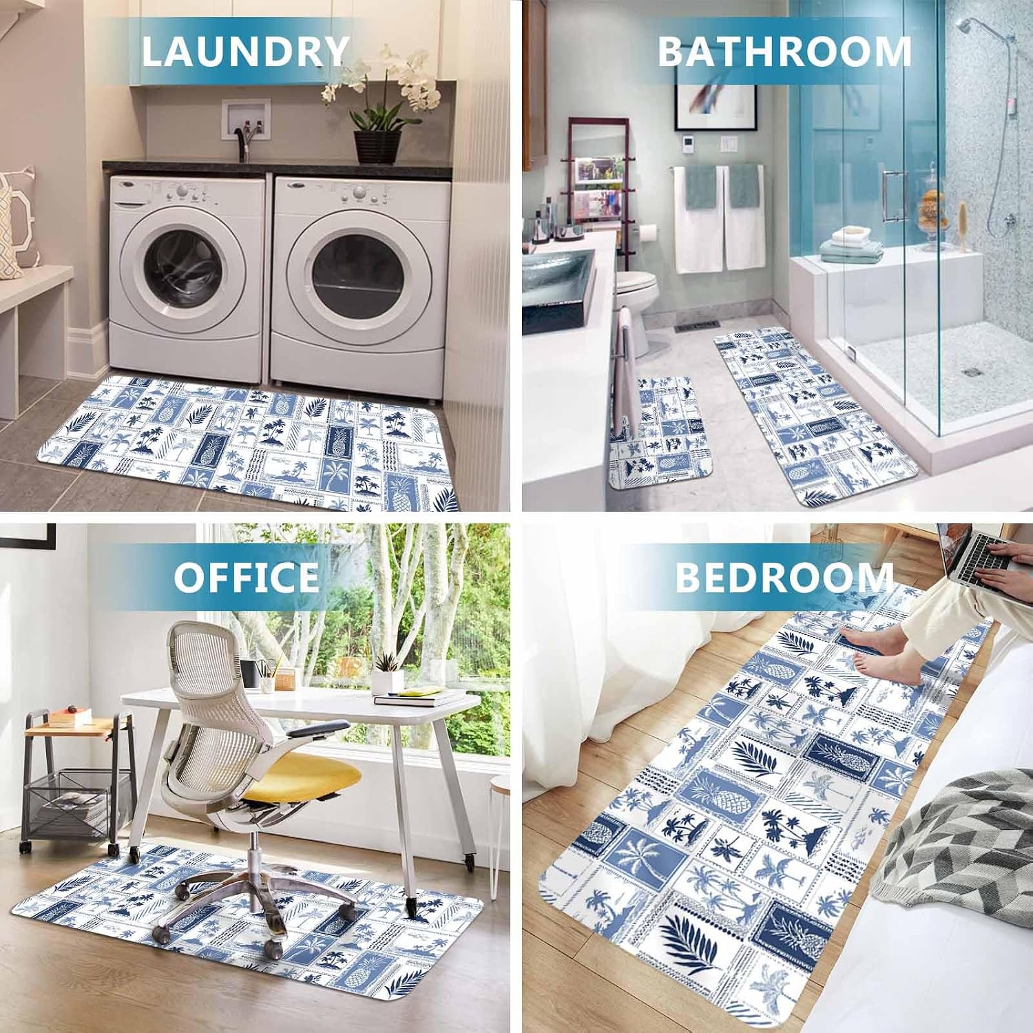 Prime Leader Vintage Tropical Kitchen Mat Set 2 Pieces Pineapple Palm Tree Summer Vacation Blue Non Slip Kitchen Rugs Washable Runner Rug Mats for Sink Laundry (19.7" x 31.5"+19.7" x 47.2")