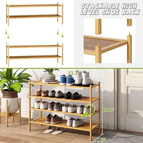 Miniatura 10 de BMOSU Zapatero pequeño de bambú de 3 niveles para entrada, zapatero de pie libre, estante apilable de alta calidad, organizador de almacenamiento