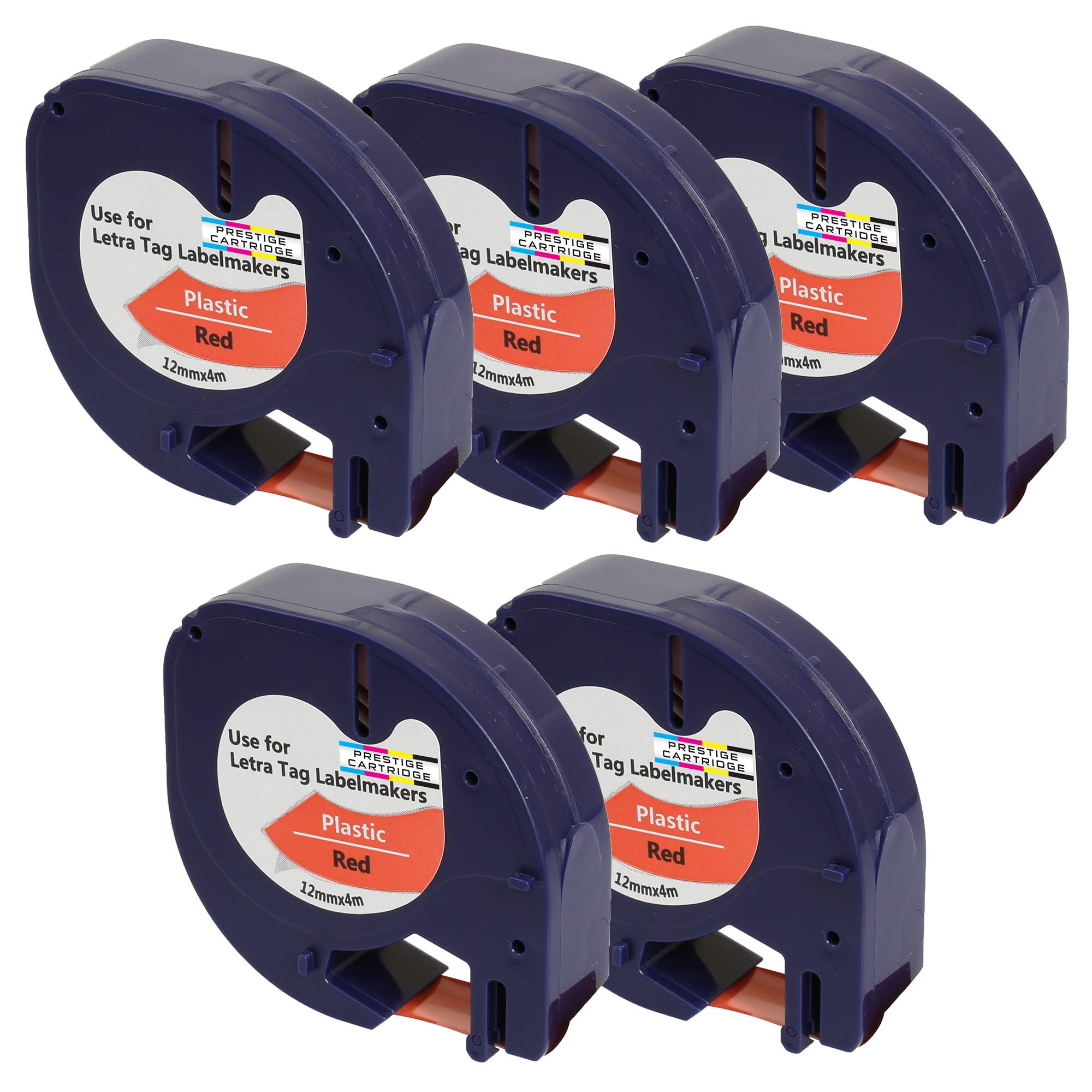 5 x Compatible 91203 Black on Red Plastic Tapes (12mm x 4m) for Dymo LetraTag LT110T, LT100H, LT100T, QX50, XR, XM, 2000, Plus