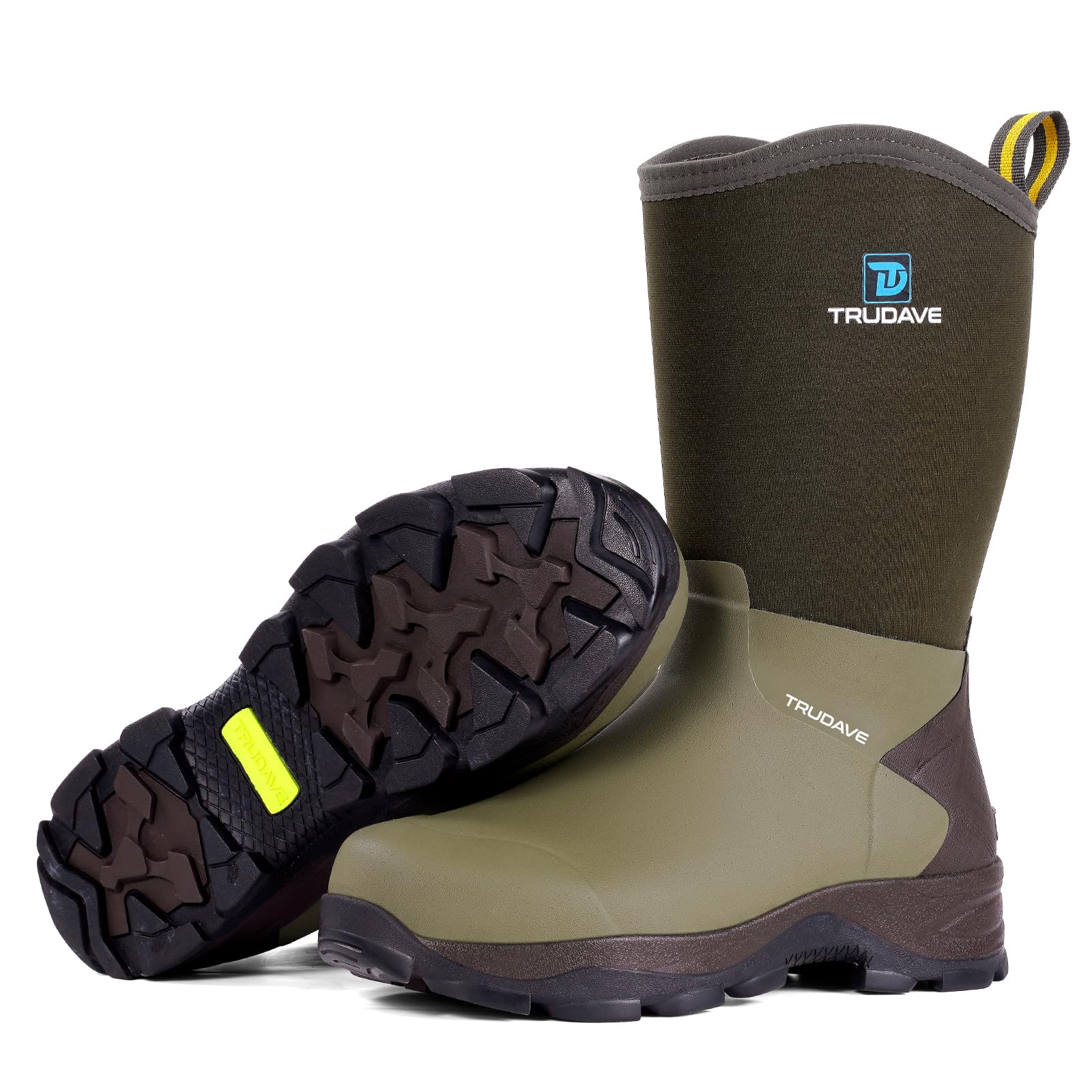 Trudave Rubber Boots for Men with Steel Shank, 5.5mm Neoprene Insulated Mud Work Rain Boots, Anti-slip Breathable Mid-calf Mens Boots for Garden, Size 6-13