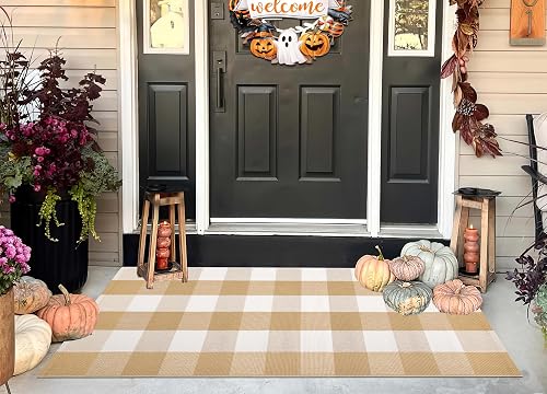 BUAGETUP Khaki White Checkered Outdoor Rug 24x51