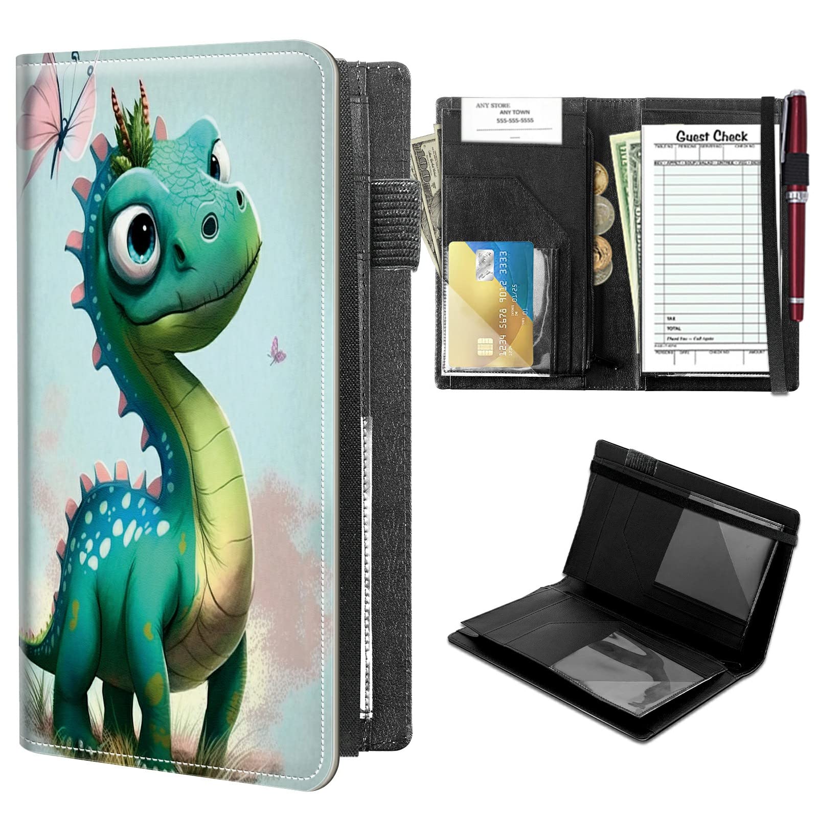 High Volume Server Books, Butterfly Dinosaur Server Book w/ 2 Expandable Pockets 9 x 5 Cute Waitress Book Zipper Pocket & Strap Closure Waitstaff Organizer Server Booklet Waiter Money Wallet