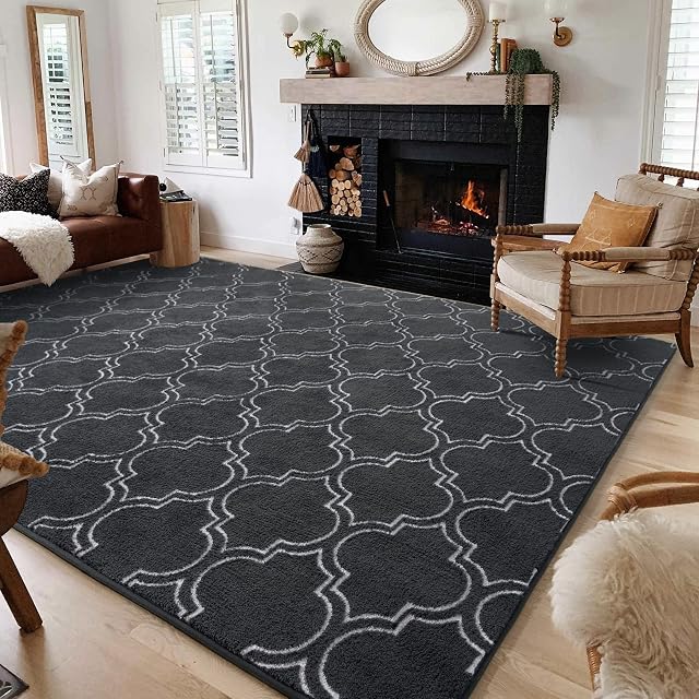 HOMORE Geometric Shag Rug for Bedroom, 5'x7' Rugs for Living Room, Soft Trellis Area Rug for Kids Nursery Dorm, Memory Foam Bedside Rug Indoor Floor Carpet, Gray/White