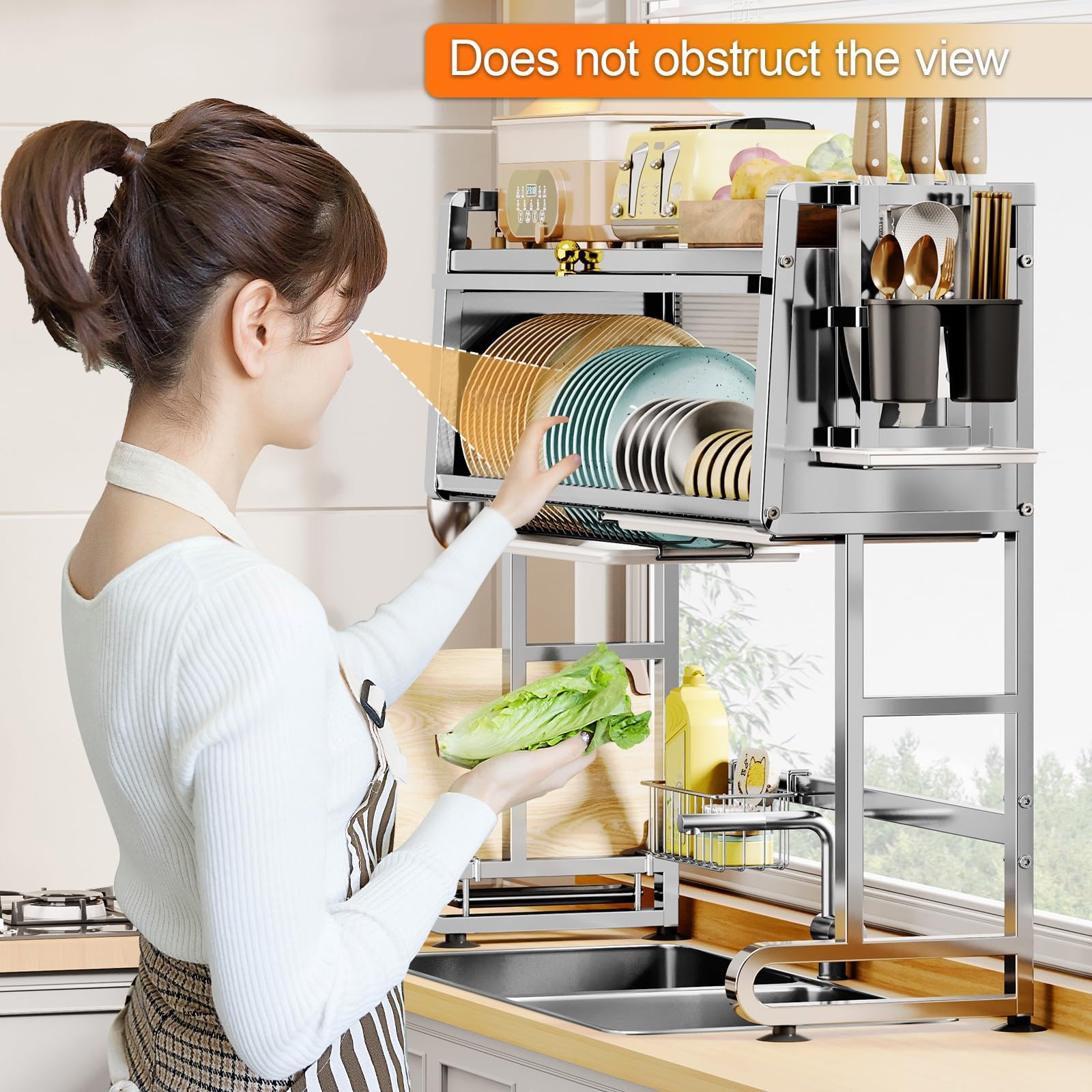 Escurreplatos de acero inoxidable para fregadero, soporte multifuncional para utensilios de cocina y estante de secado que ahorra espacio para encimeras (30.3 x 27.2 pulgadas), duradero y resistente
