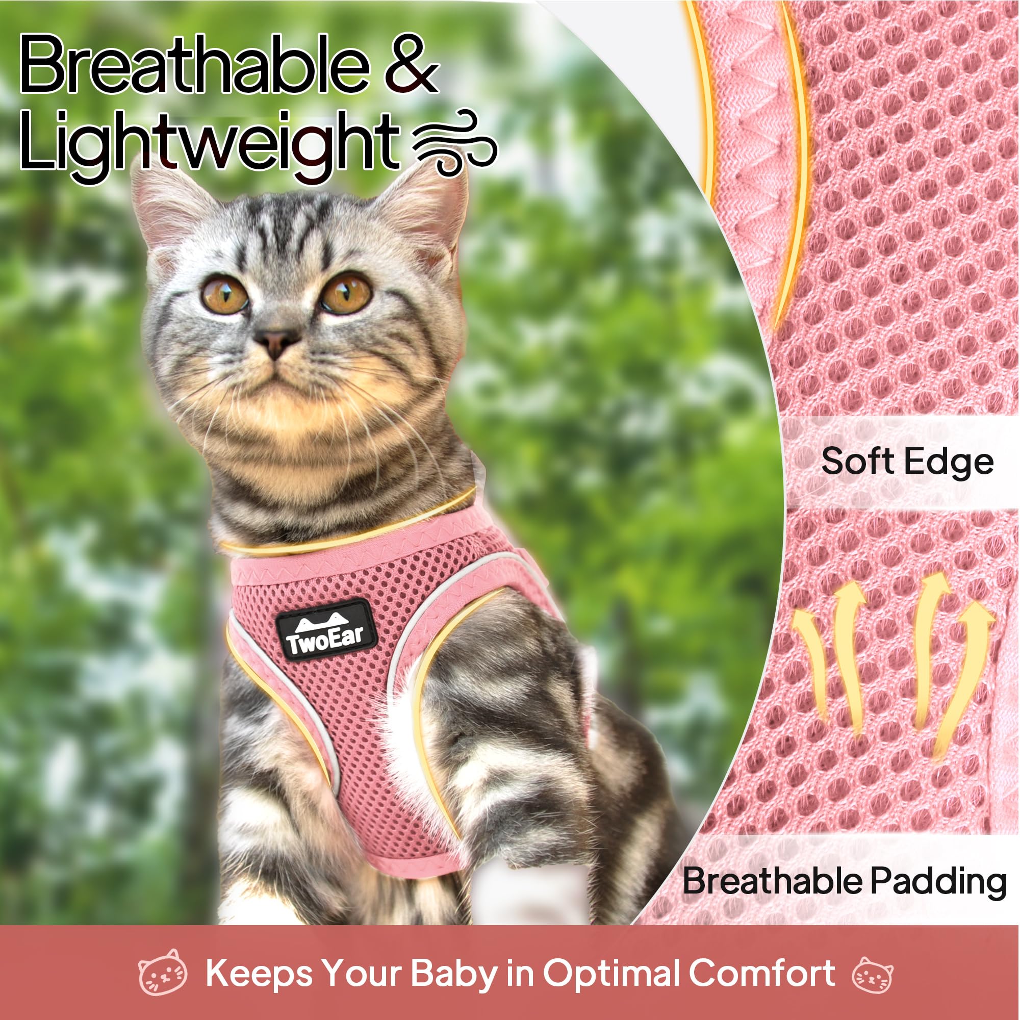 TwoEar Harnais pour chat et chat, gilet souple réglable, en maille respirante, réfléchissant, contrôle facile pour les animaux de compagnie de petite taille (XXS, rose)