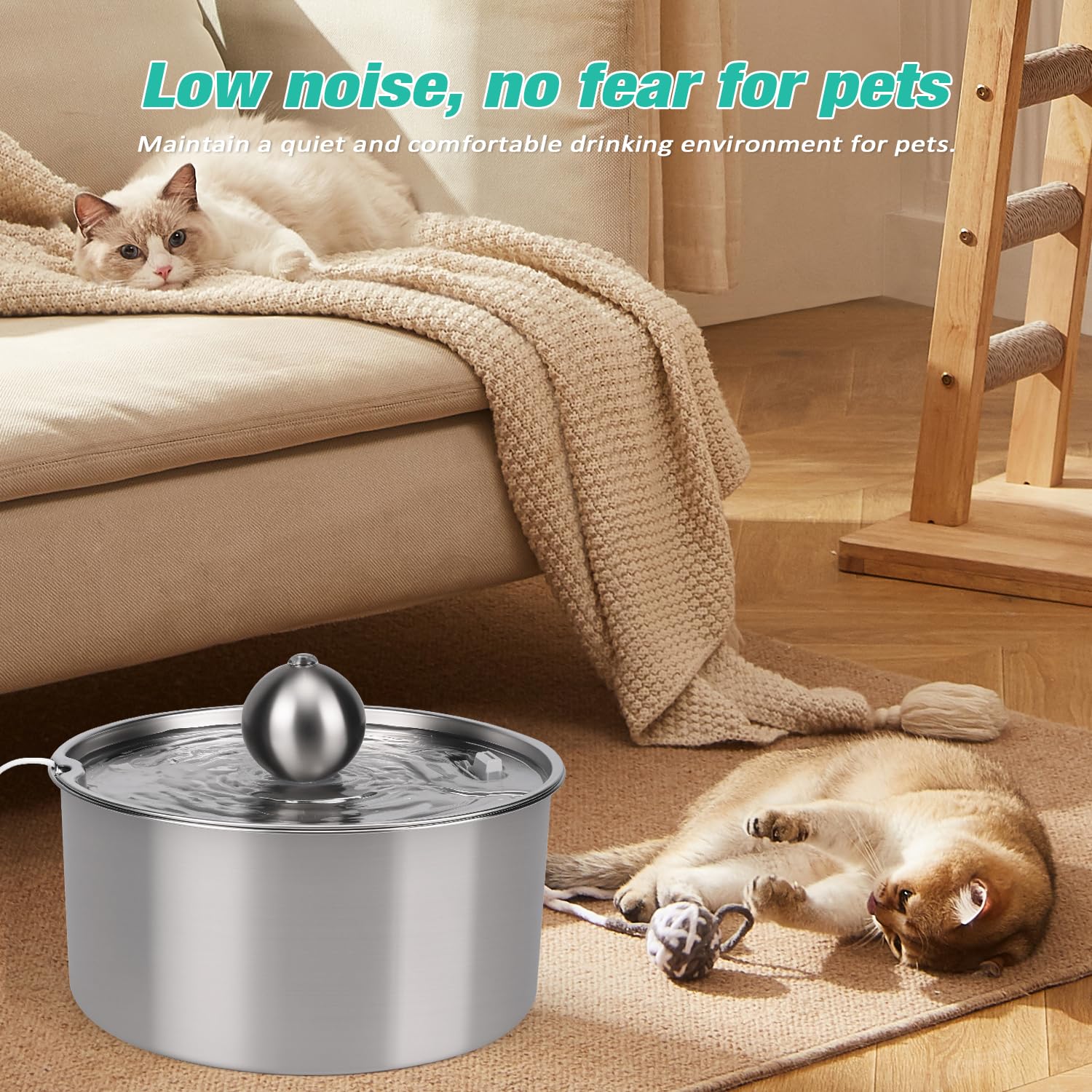 Fontana in acciaio inox, 7 l, per cani e gatti, in acciaio inox, con filtrazione a 5 strati e luce LED, pompa ultraleggera con protezione da sovraccarico per cani di grossa/più gatti, con 3 filtri