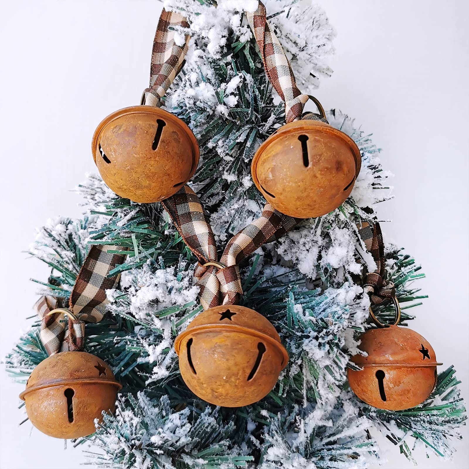 6 Meter Weihnachts-Girlande mit rostigen Schlittenglocken, primitives Metall, rostige Glöckchen und Gingham-Band, hängende Girlande für Bauernhaus, Vintage, Winter, Urlaubsdekoration