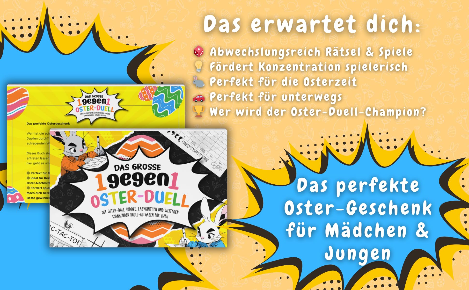 Das große 1gegen1 Oster-Duell: Das perfekte Ostergschenk | Mit Oster-Quiz, Sudoku, Labyrinthen und weiteren spannenden Duell-Aufgaben für Zwei! Spielend durch die Osterzeit!