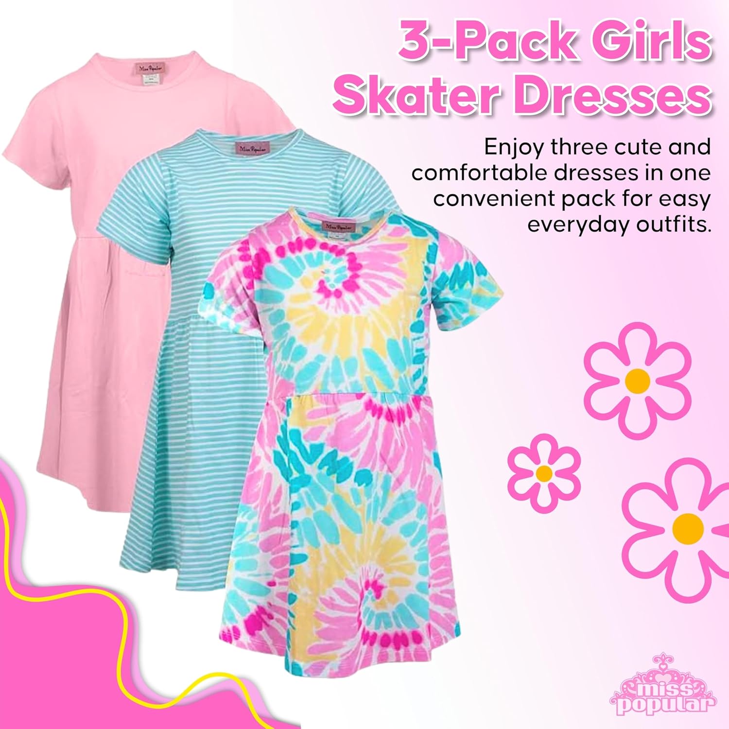 MISS POPULAR Girls 3 Pack Short Sleeve Skater Dress Soft Cotton Cute Designs Spring Summer | Sizes 4-16