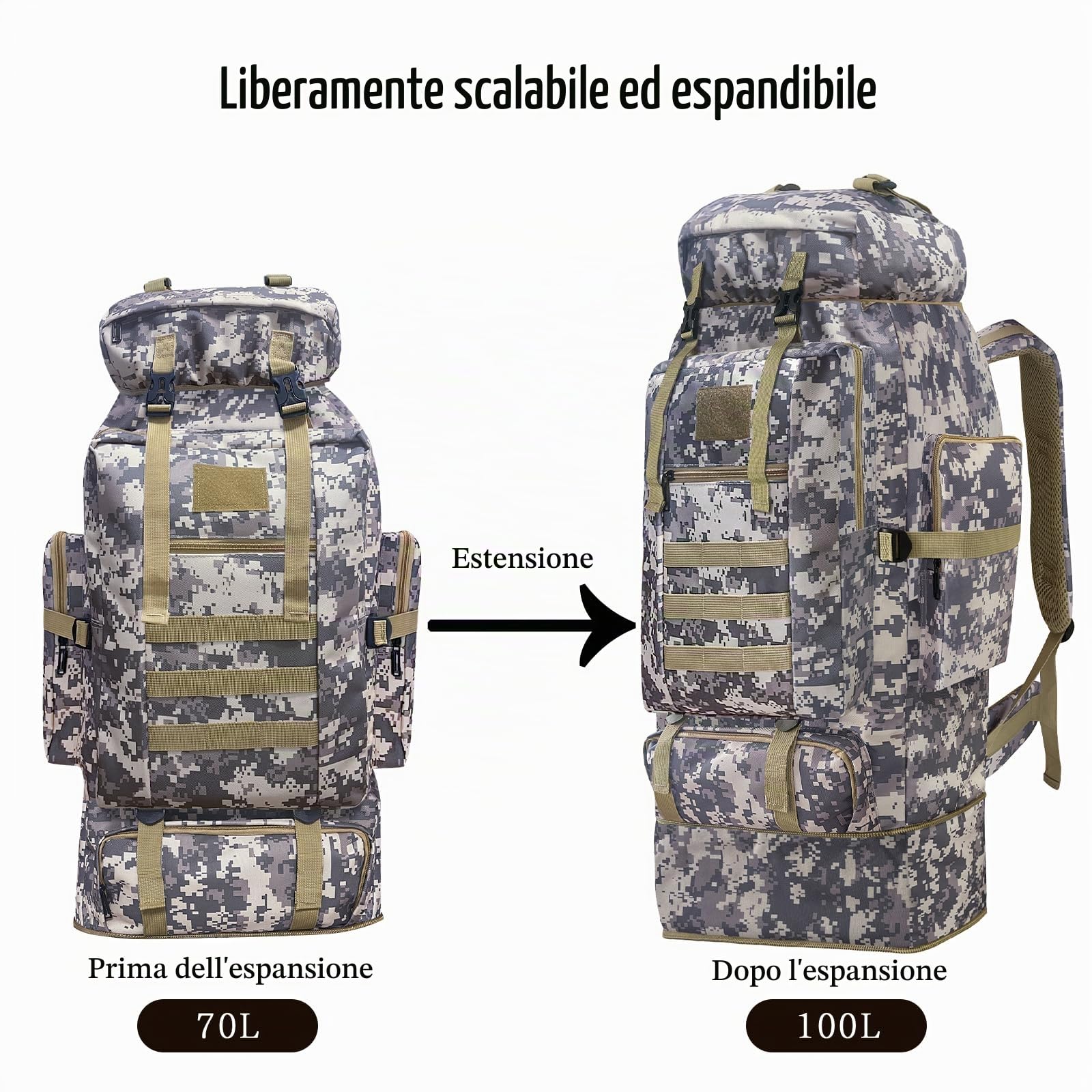Zaino tattico militare Molle da 100 l, zaino da trekking extra grande, impermeabile, zaino sportivo per attività all'aria aperta, borsa sportiva