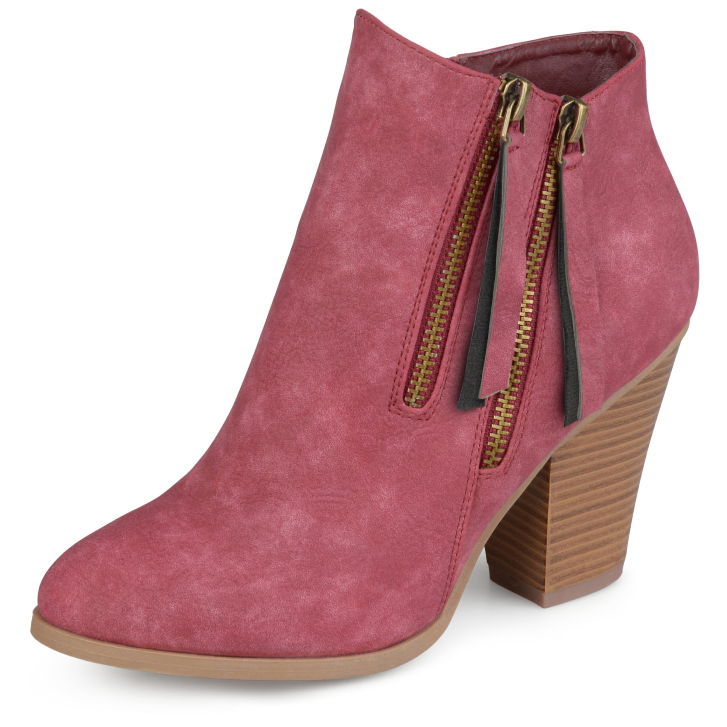 Journee Collection Womens Vally Booties with Block Heel and Exposed Zipper Accents, Wine, 10