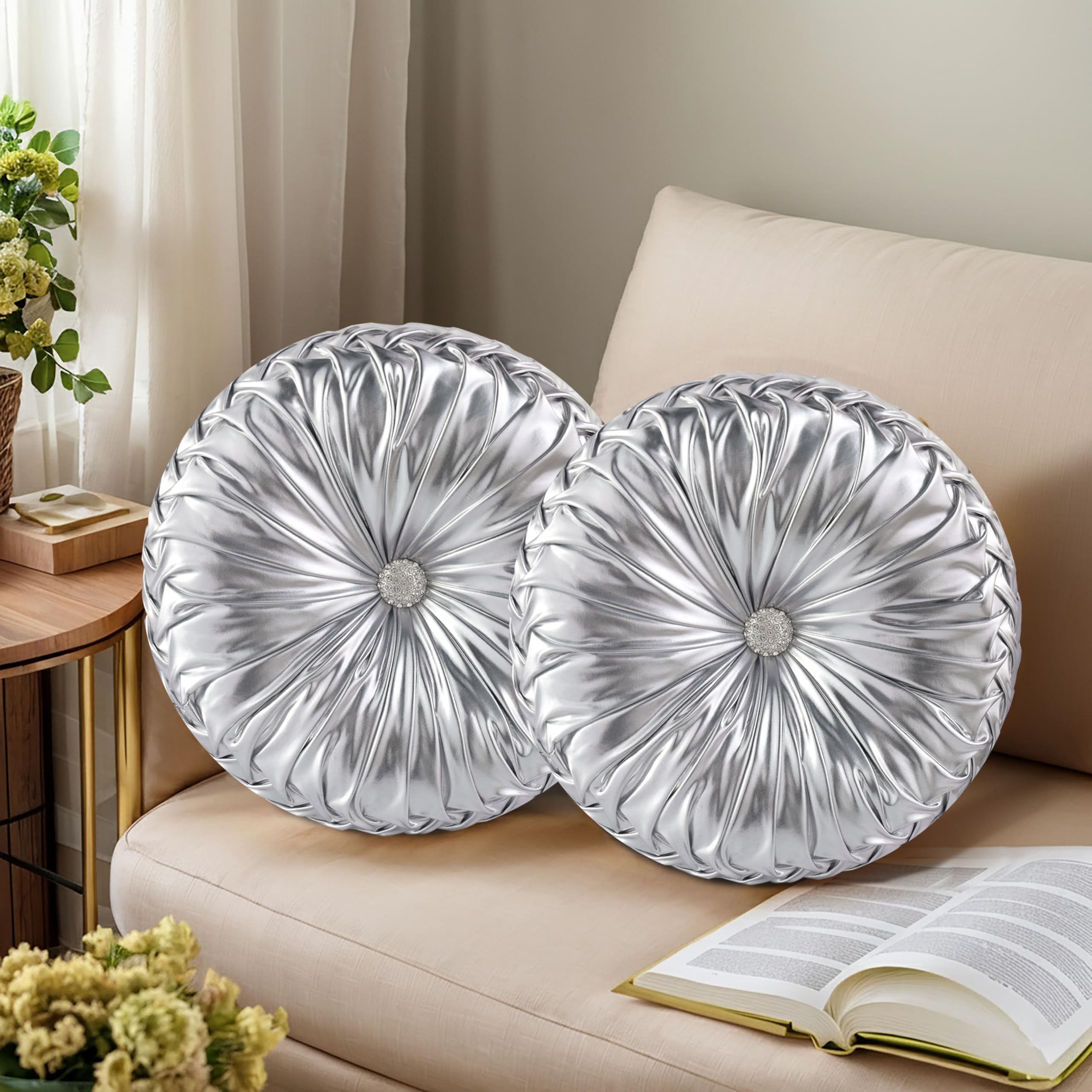HIG Set of 2 Silver Metallic Leather Decorative Round Pleated Throw Pillows